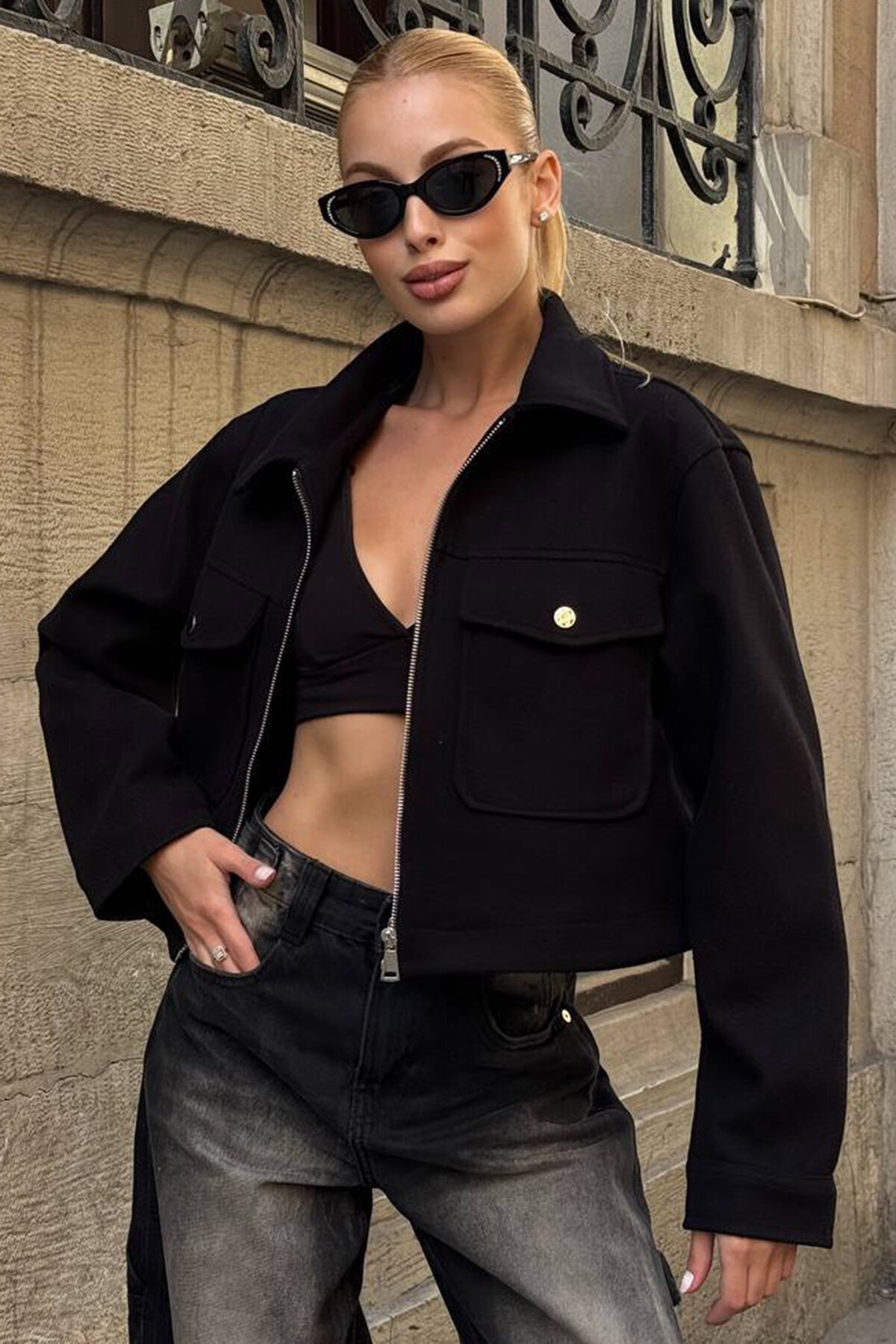 Çift Kapak Cepli Fermuar Kapamalı Astarlı Kaşe Ceket