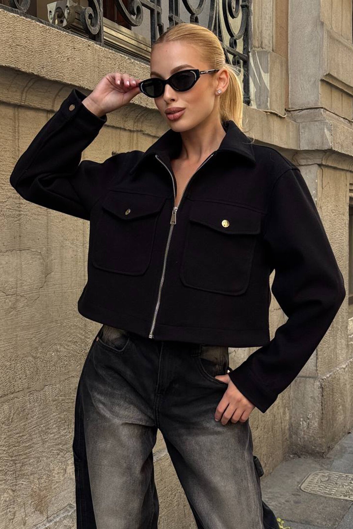 Çift Kapak Cepli Fermuar Kapamalı Astarlı Kaşe Ceket