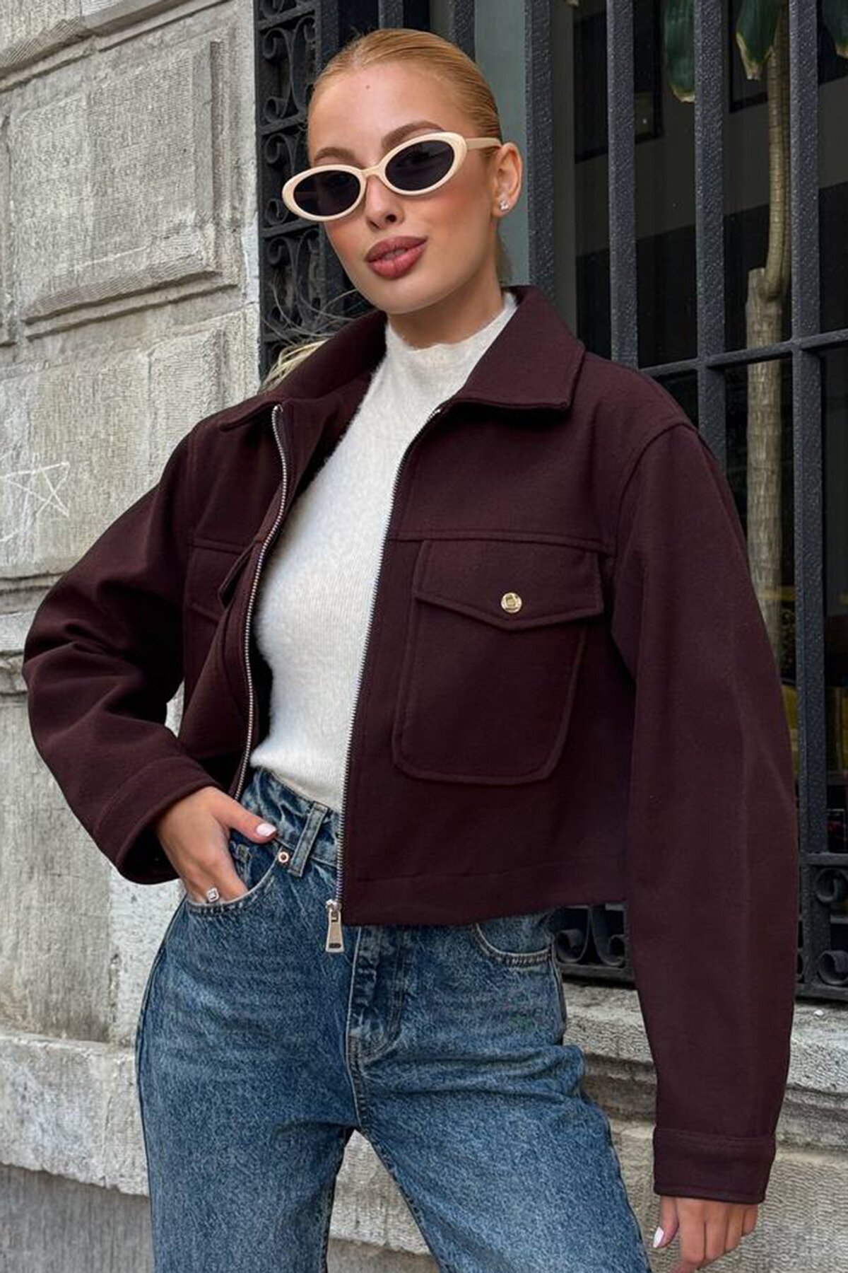 Çift Kapak Cepli Fermuar Kapamalı Astarlı Kaşe Ceket