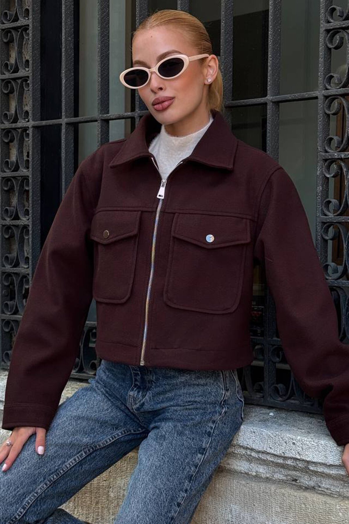 Çift Kapak Cepli Fermuar Kapamalı Astarlı Kaşe Ceket