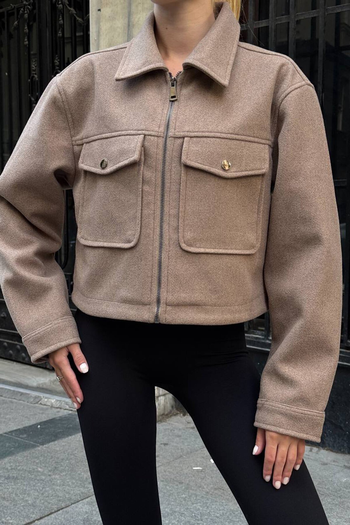 Çift Kapak Cepli Fermuar Kapamalı Astarlı Kaşe Ceket