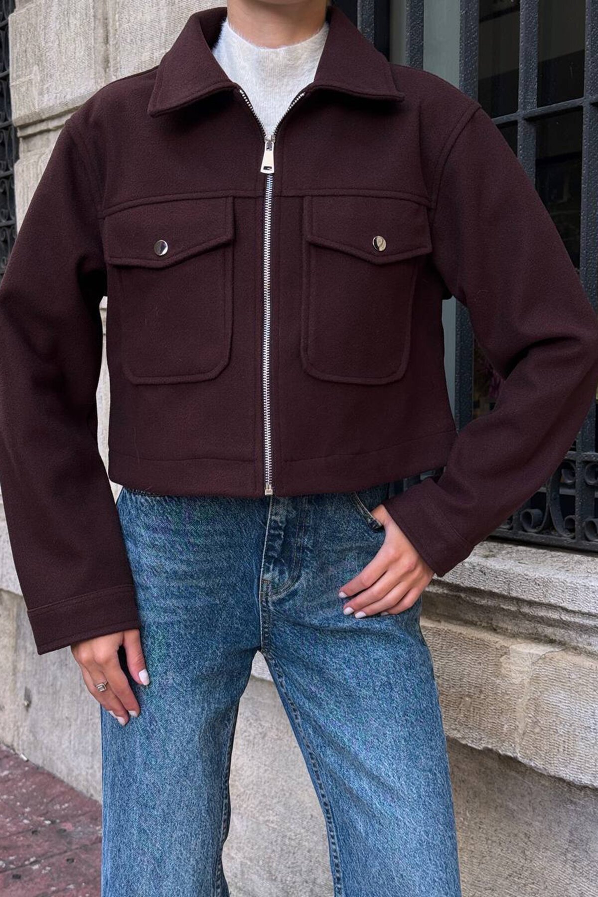 Çift Kapak Cepli Fermuar Kapamalı Astarlı Kaşe Ceket