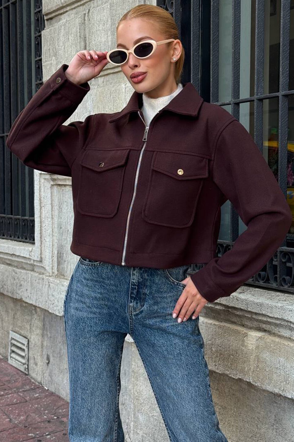 Çift Kapak Cepli Fermuar Kapamalı Astarlı Kaşe Ceket