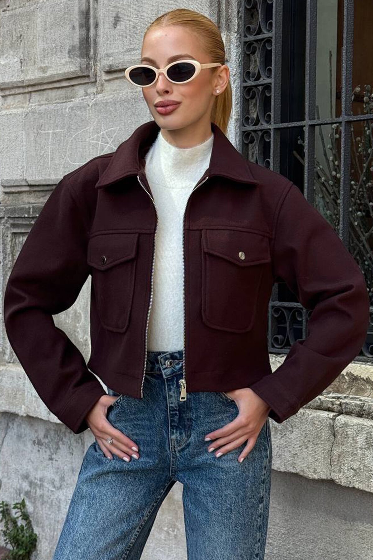 Çift Kapak Cepli Fermuar Kapamalı Astarlı Kaşe Ceket