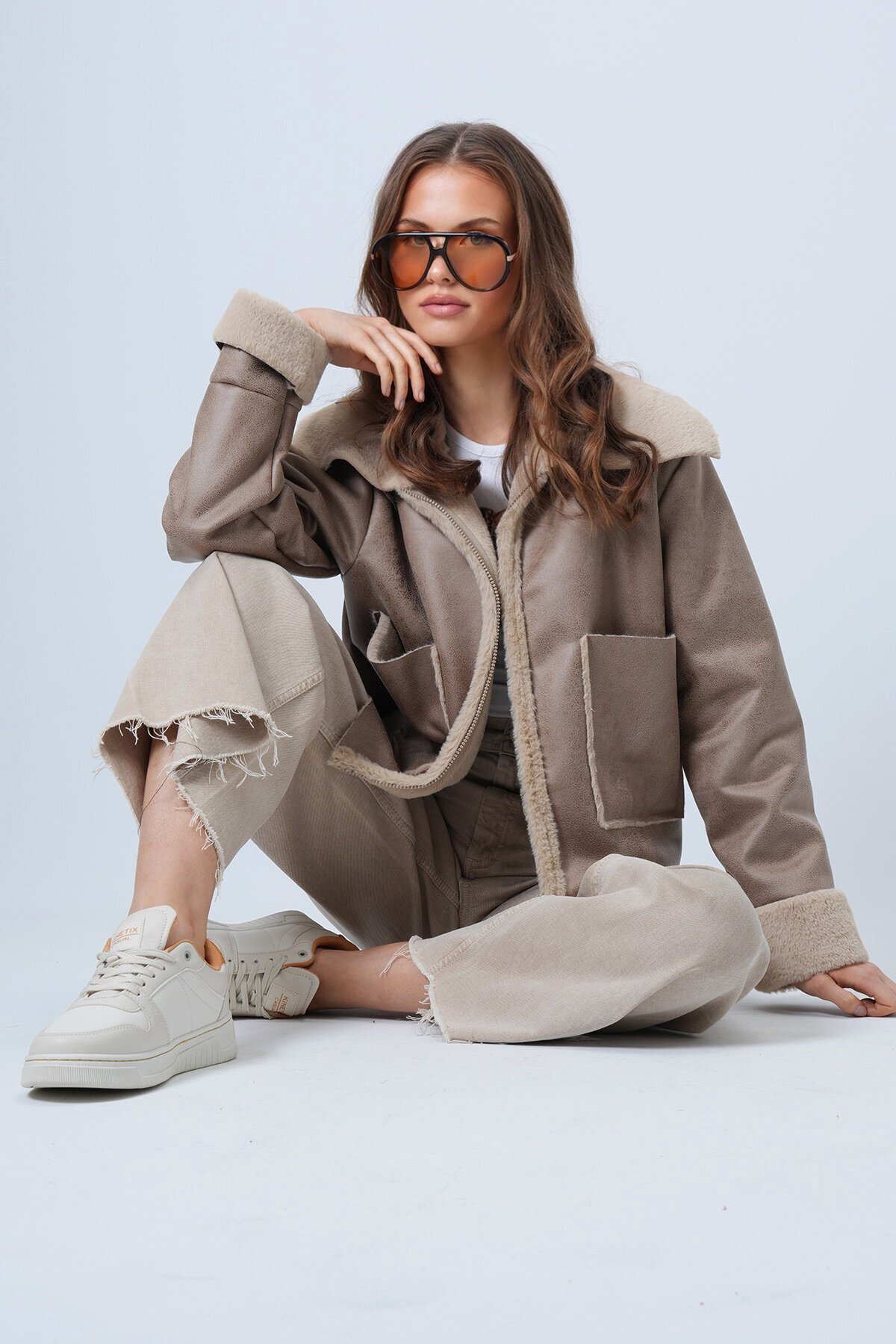 Çift Cepli İçi Suni Kürklü Suni Deri Biker Ceket