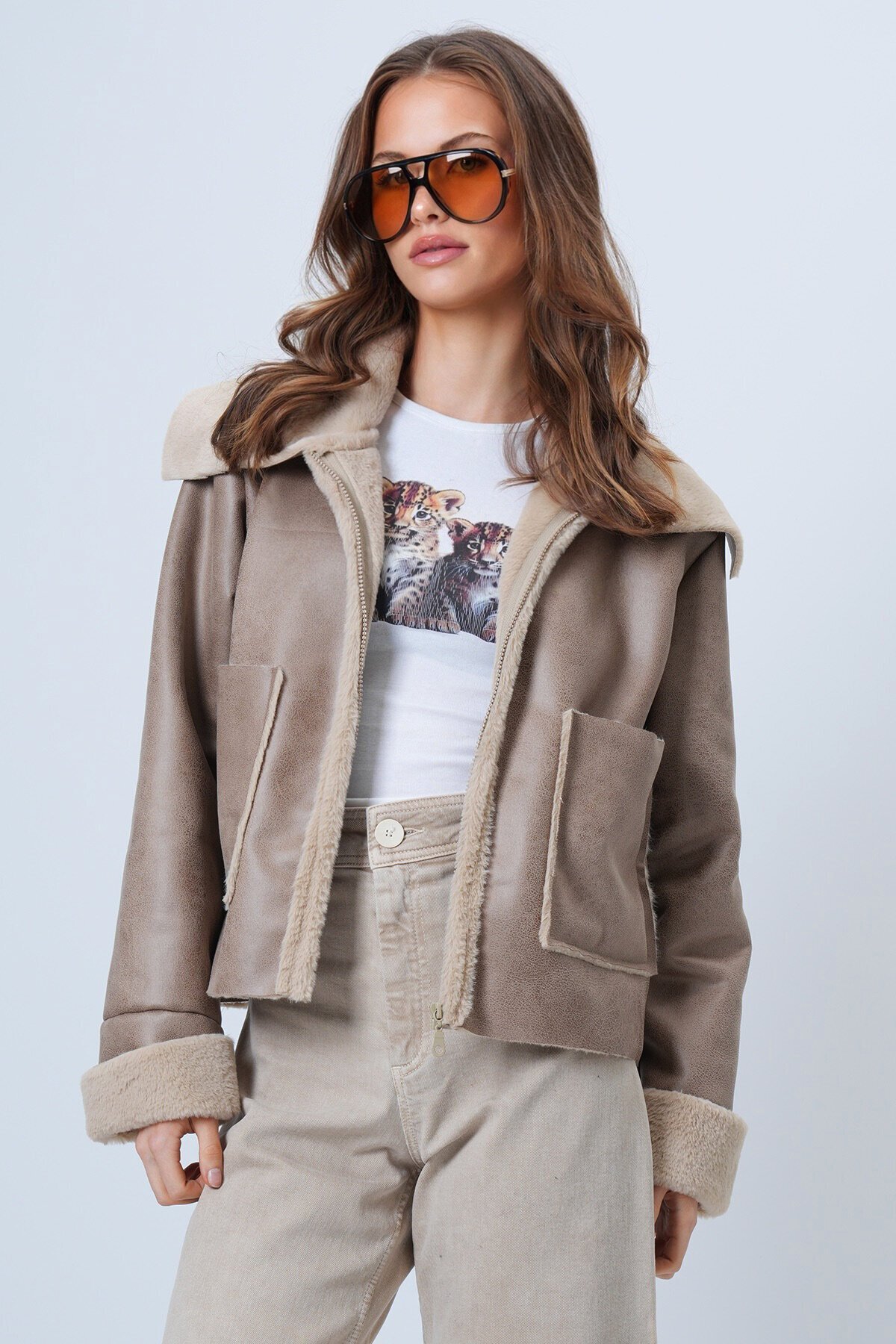 Çift Cepli İçi Suni Kürklü Suni Deri Biker Ceket