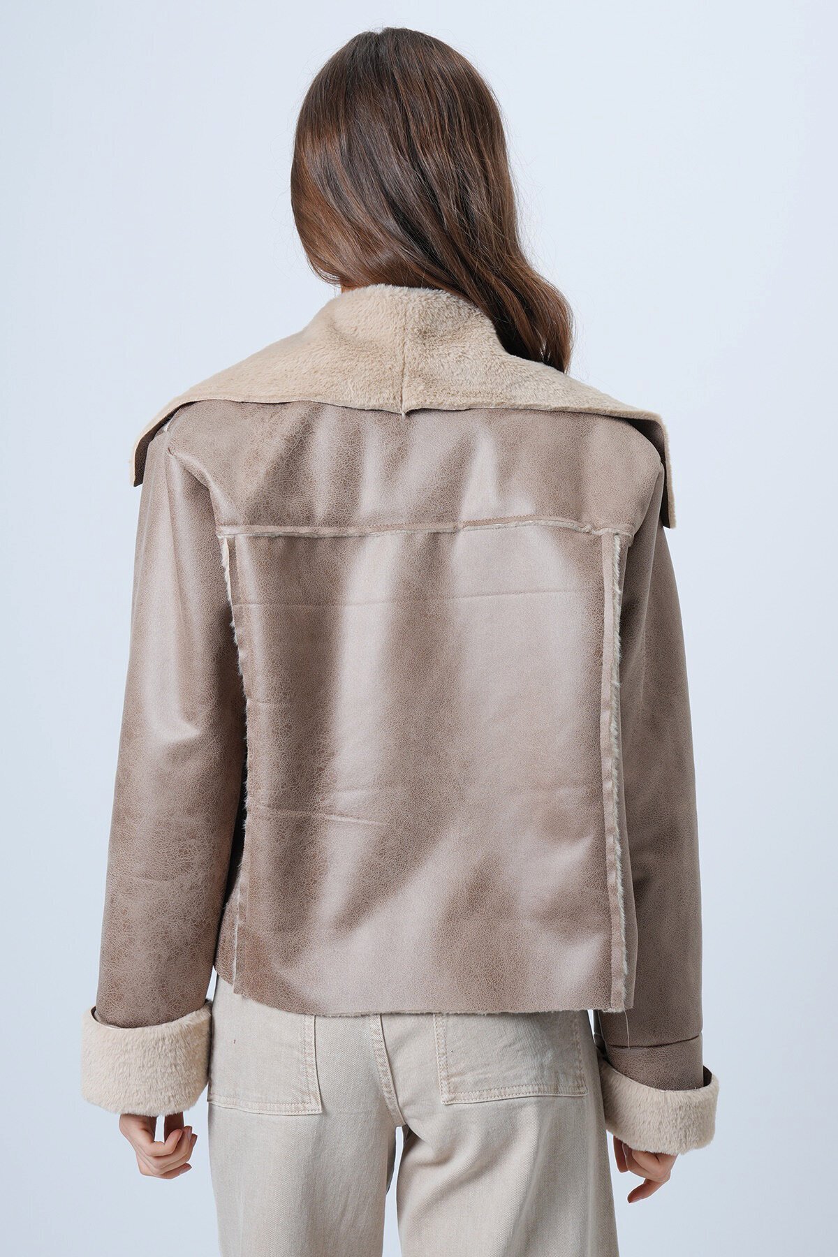 Çift Cepli İçi Suni Kürklü Suni Deri Biker Ceket