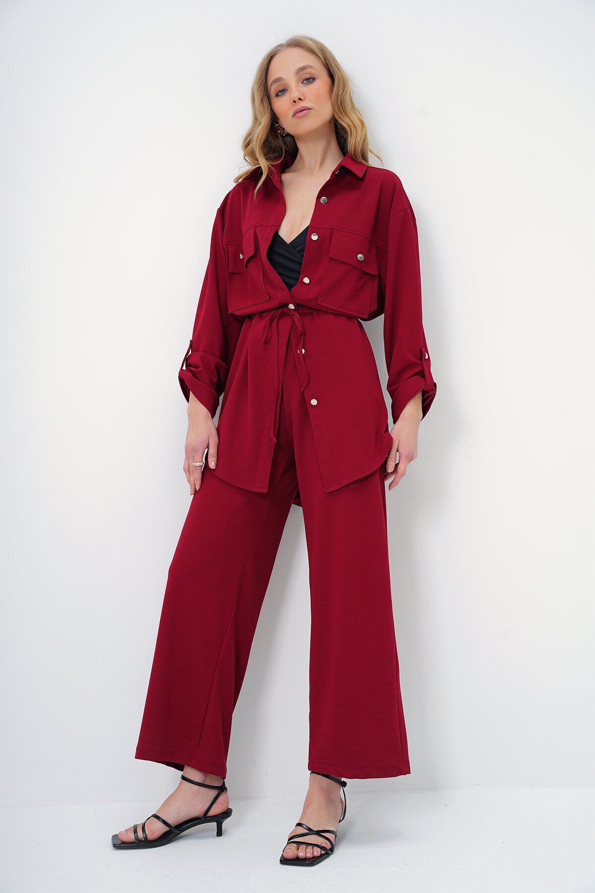 Çift Cepli Safari Ceket Ve Beli Lastikli Wide Leg Aerobin Pantolonlu Takım