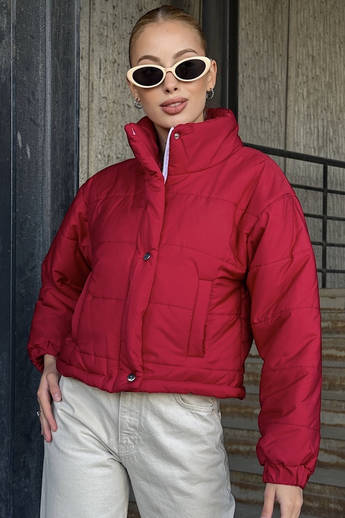 Fuşya Dik Yaka Çıt Çıt Ve Fermuar Kapamalı Şişme Astarlı Mont