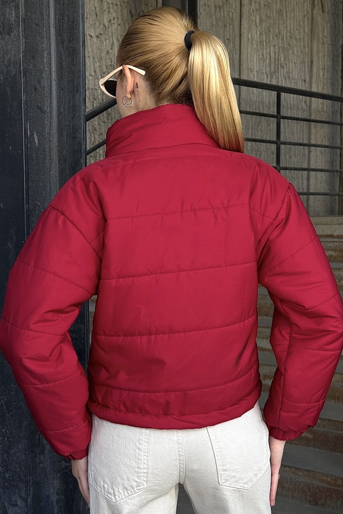 Fuşya Dik Yaka Çıt Çıt Ve Fermuar Kapamalı Şişme Astarlı Mont