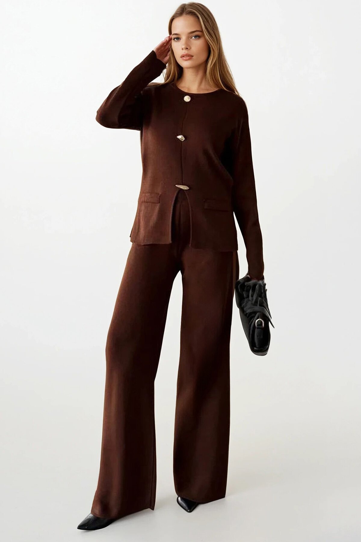 Düğme Detaylı Uzun Kollu Fit Bluz Ve Yüksek Bel Pantolon Triko Takım