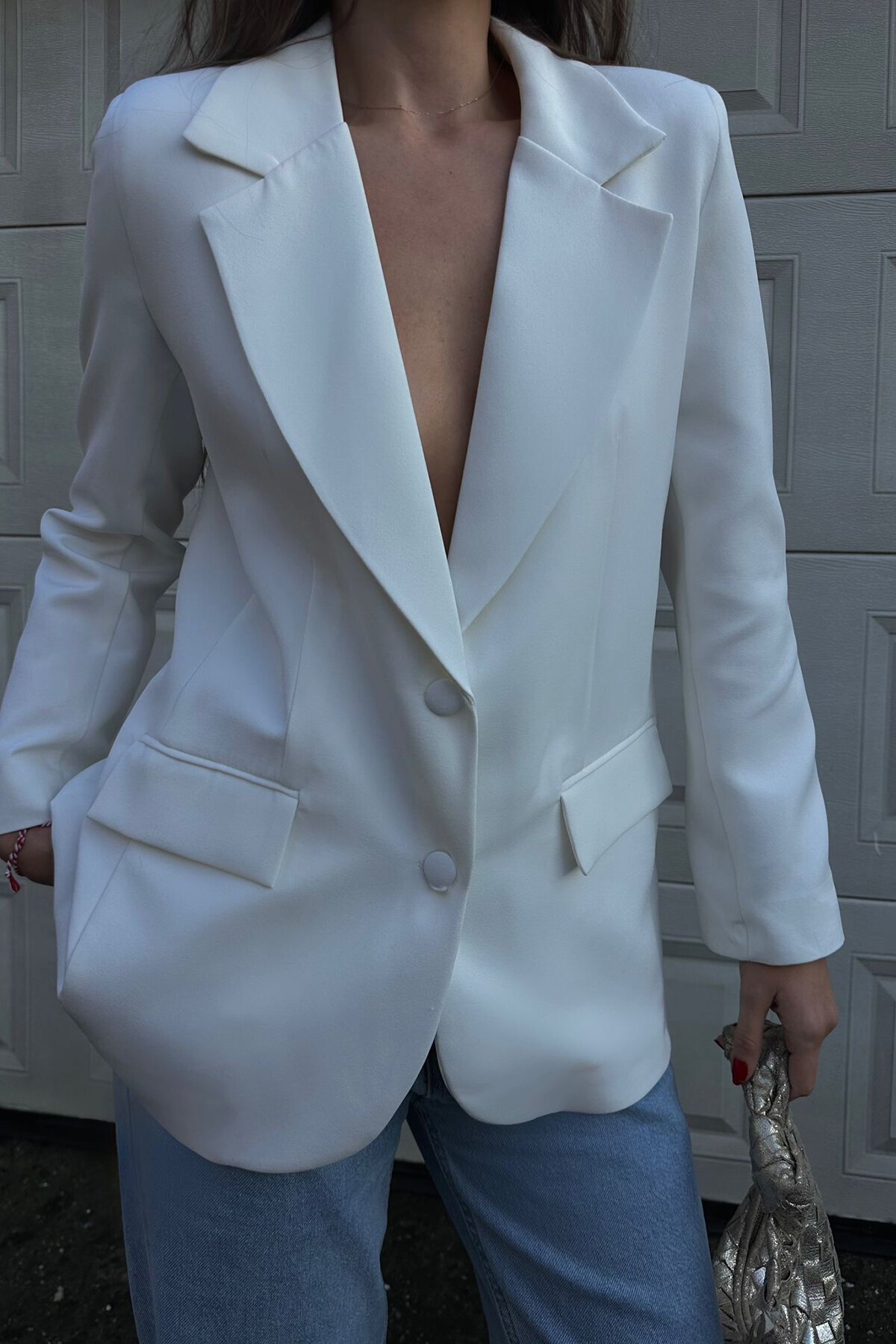 Düğme Kapamalı Vatkalı Cep Görünümlü Astarlı Blazer Ceket