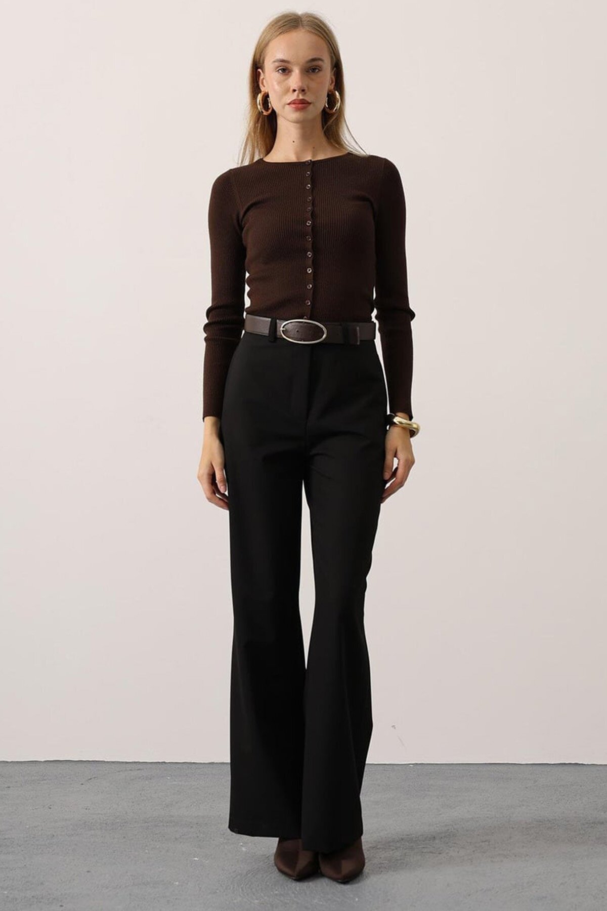 Düğme Kapamalı Çift Cepli Palazzo Pantolon