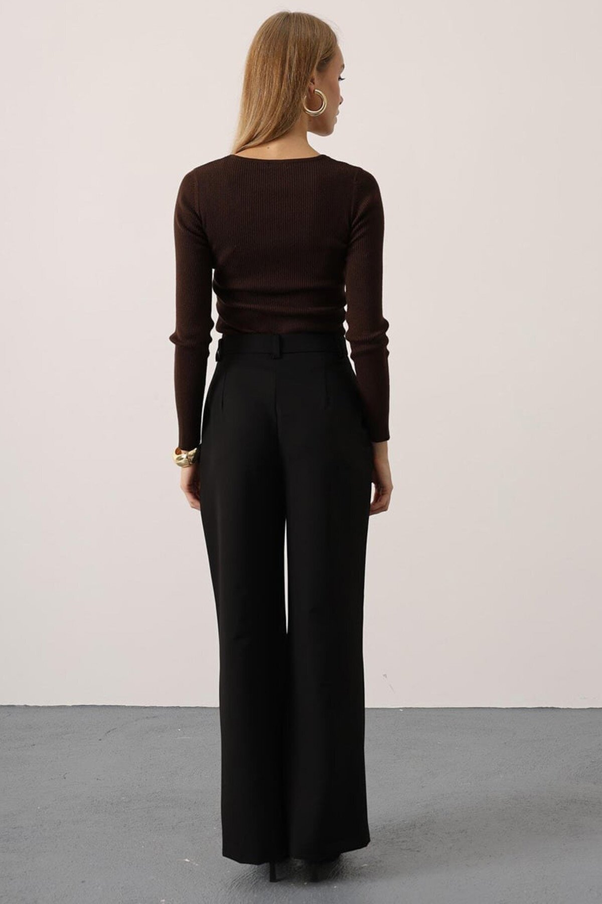 Düğme Kapamalı Çift Cepli Palazzo Pantolon