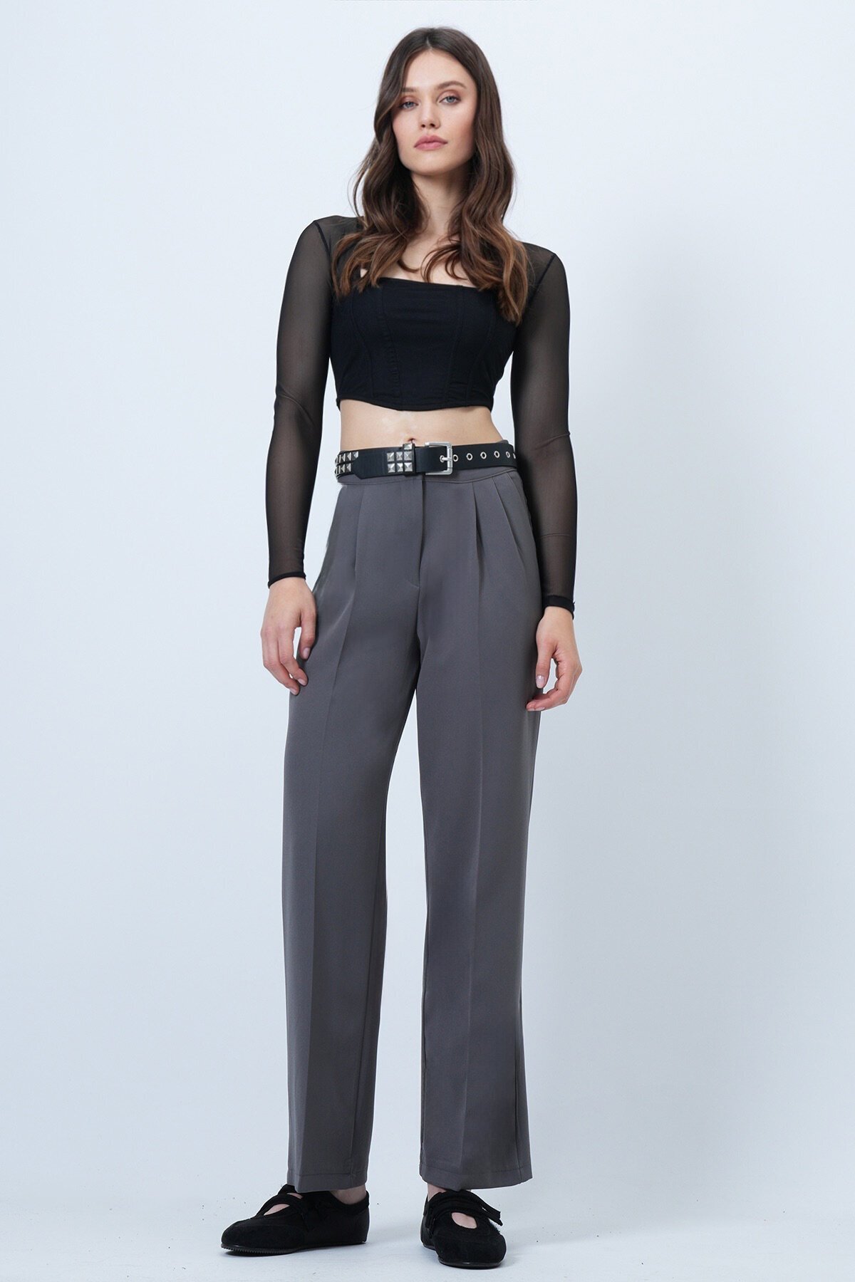 Düğme Kapamalı Çift Cepli Palazzo Pantolon