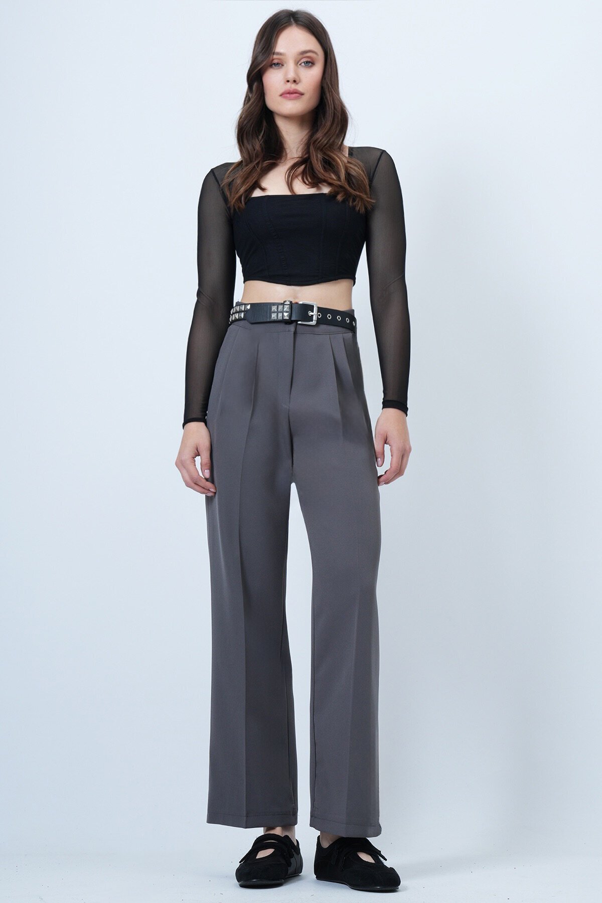 Düğme Kapamalı Çift Cepli Palazzo Pantolon