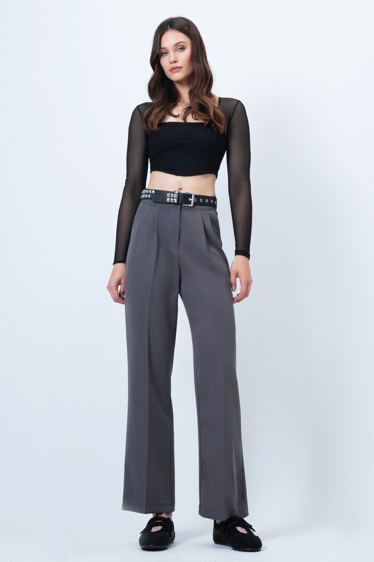 Düğme Kapamalı Çift Cepli Palazzo Pantolon