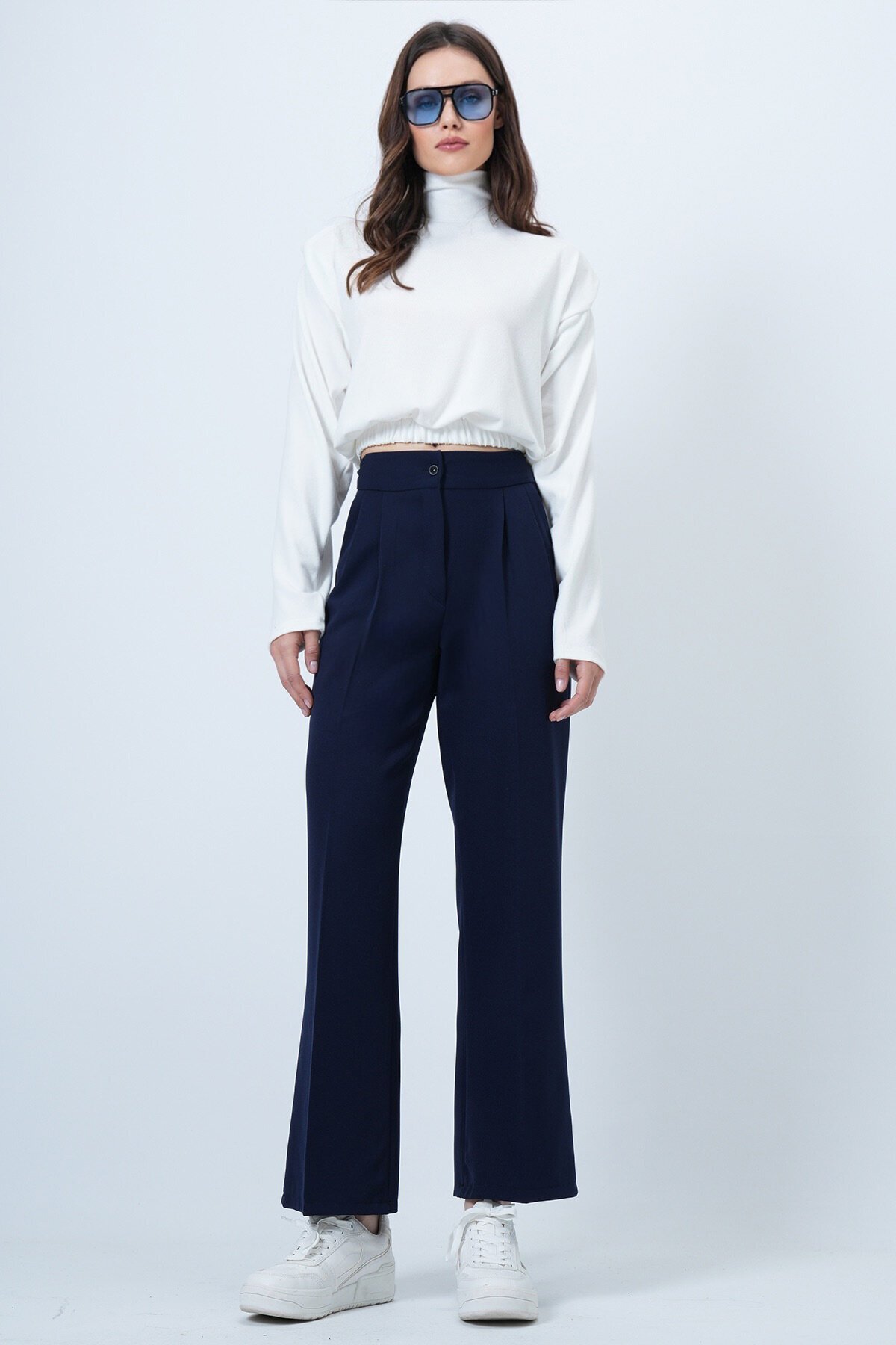 Düğme Kapamalı Çift Cepli Palazzo Pantolon