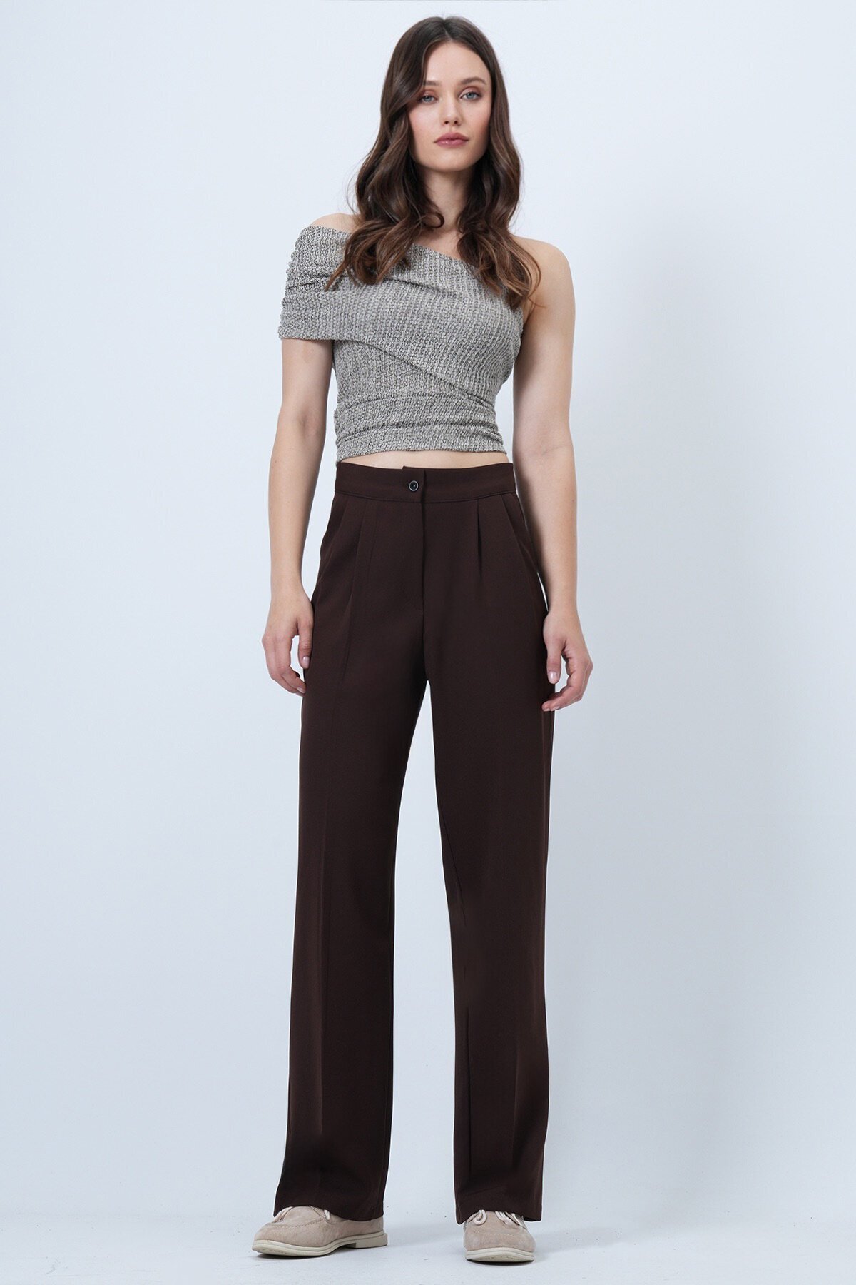 Düğme Kapamalı Çift Cepli Palazzo Pantolon