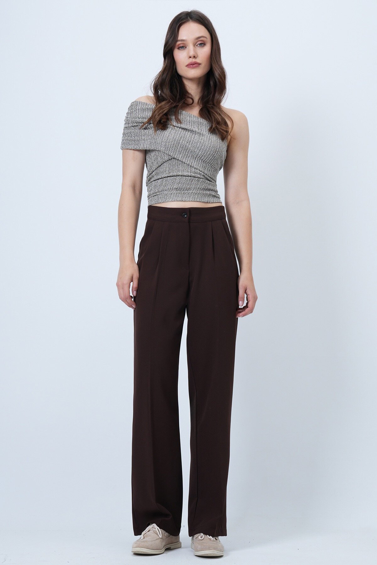 Düğme Kapamalı Çift Cepli Palazzo Pantolon