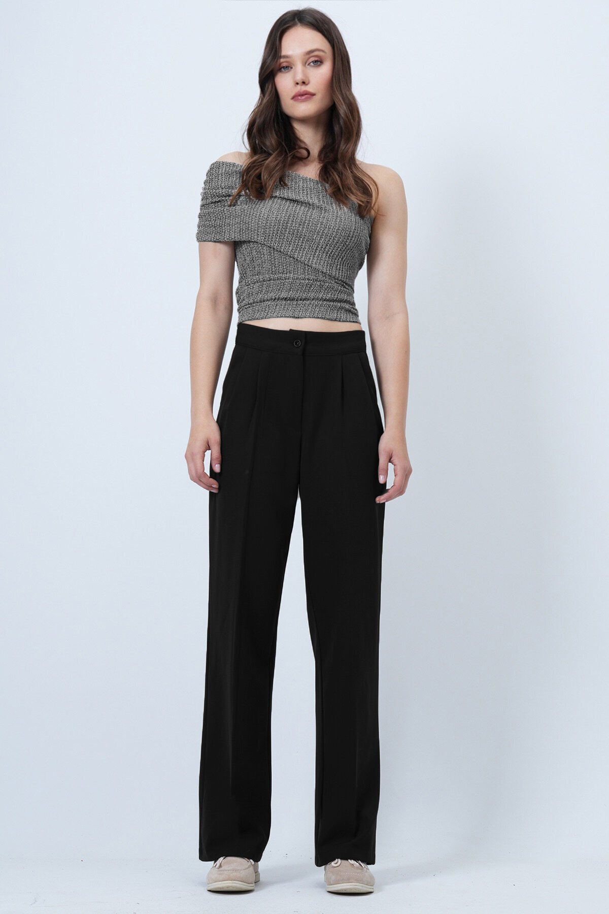 Düğme Kapamalı Çift Cepli Palazzo Pantolon