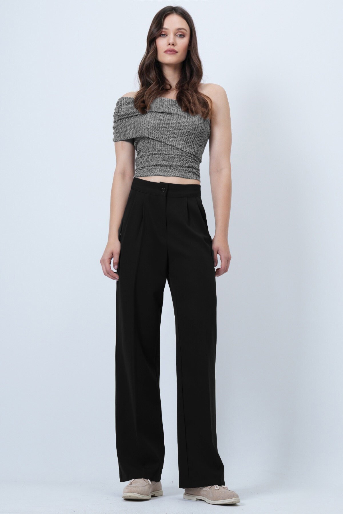 Düğme Kapamalı Çift Cepli Palazzo Pantolon