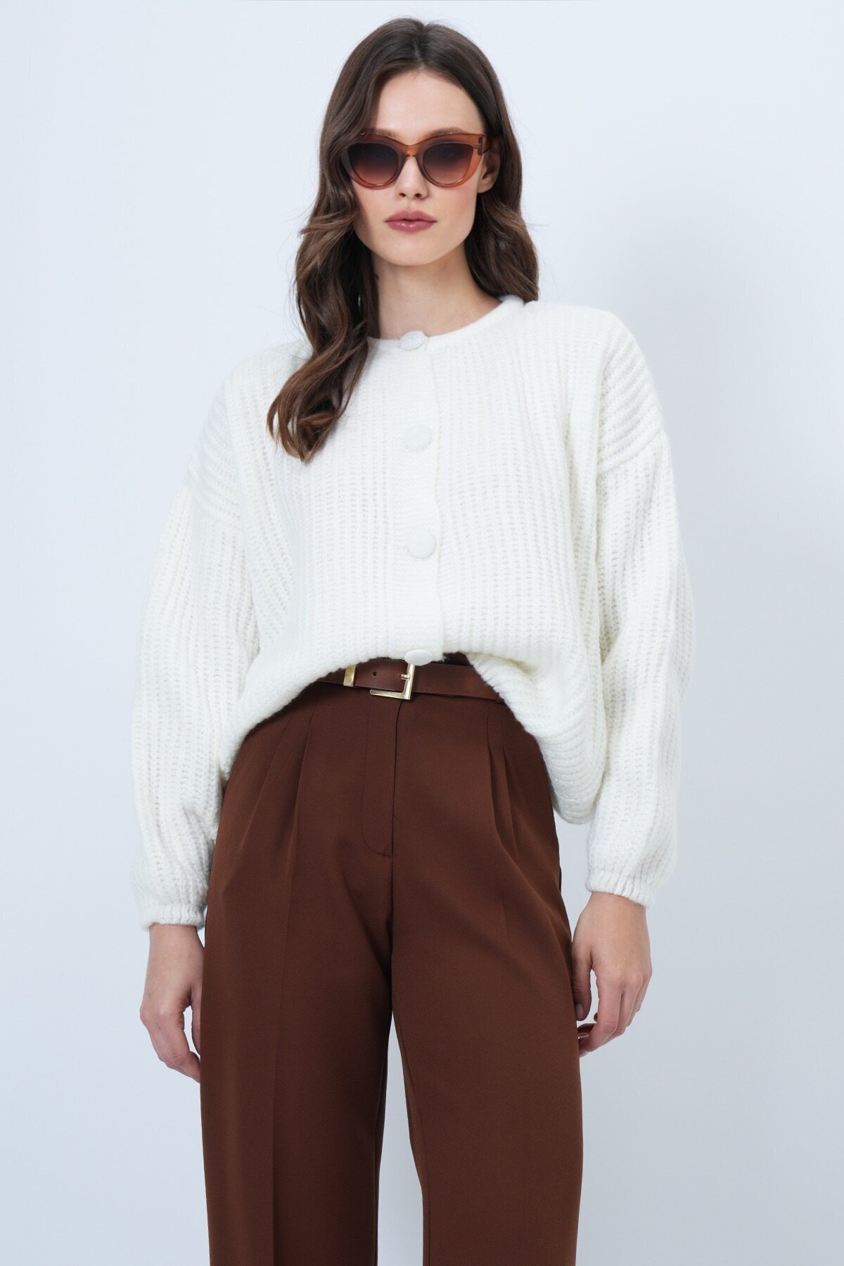 Düğmeli Bisiklet Yaka Fitilli Triko Hırka