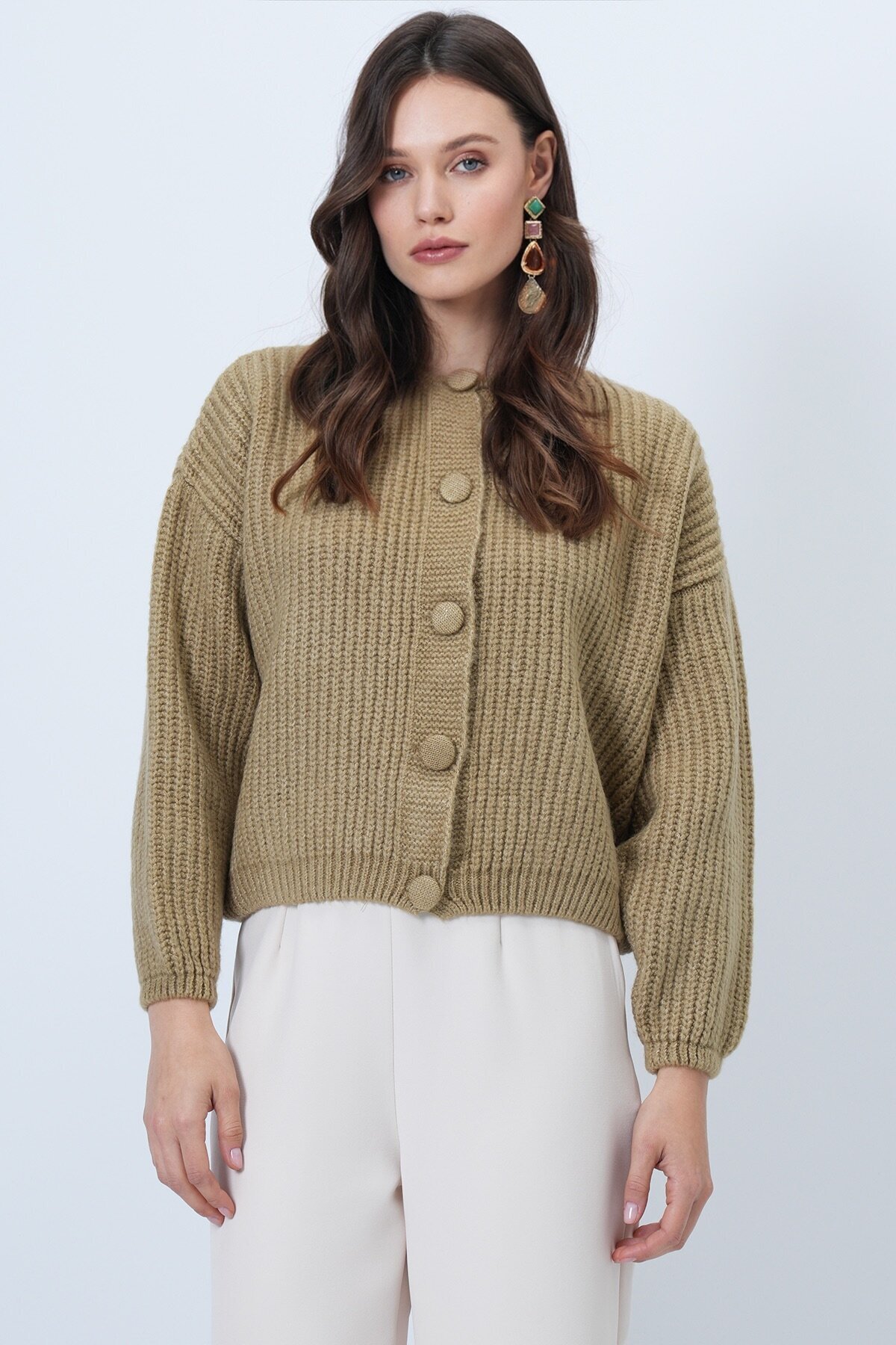 Düğmeli Bisiklet Yaka Fitilli Triko Hırka