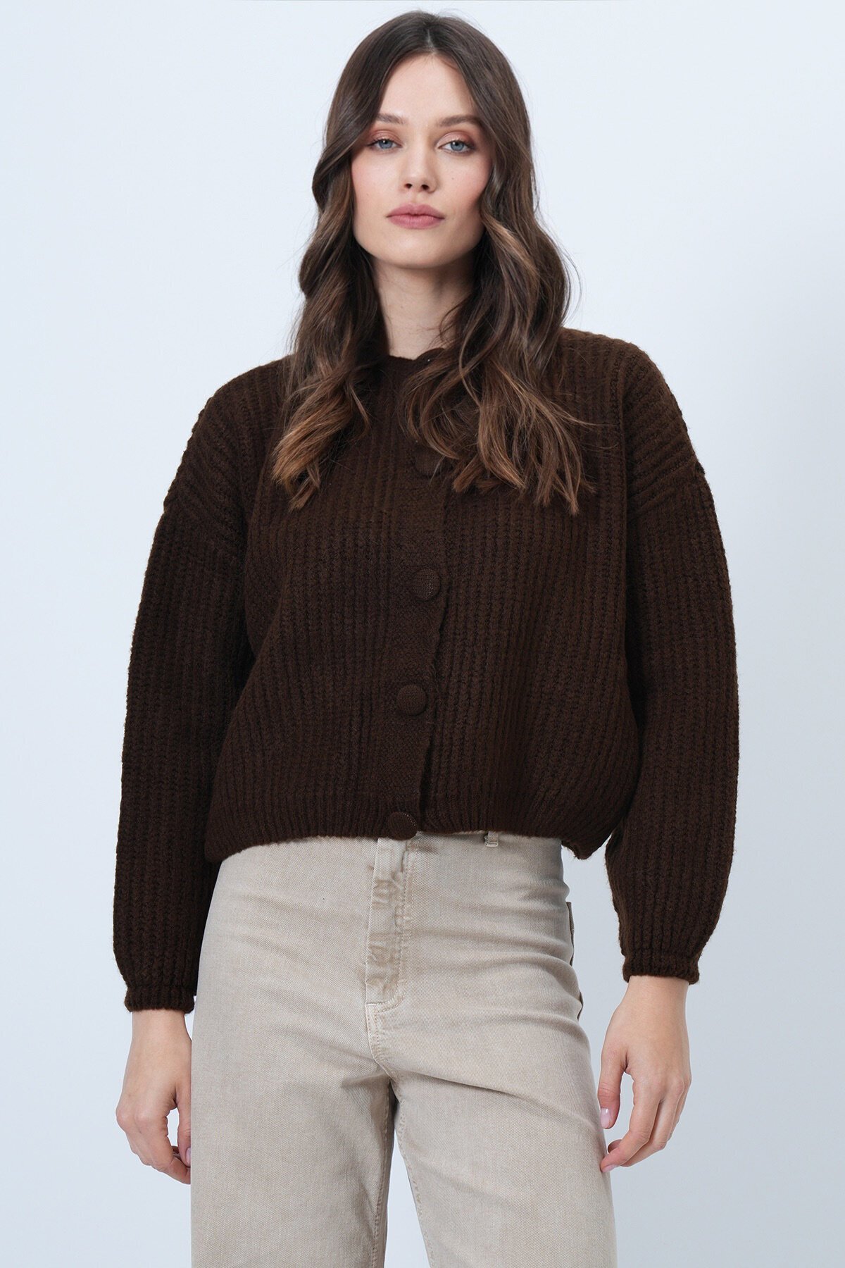 Düğmeli Bisiklet Yaka Fitilli Triko Hırka