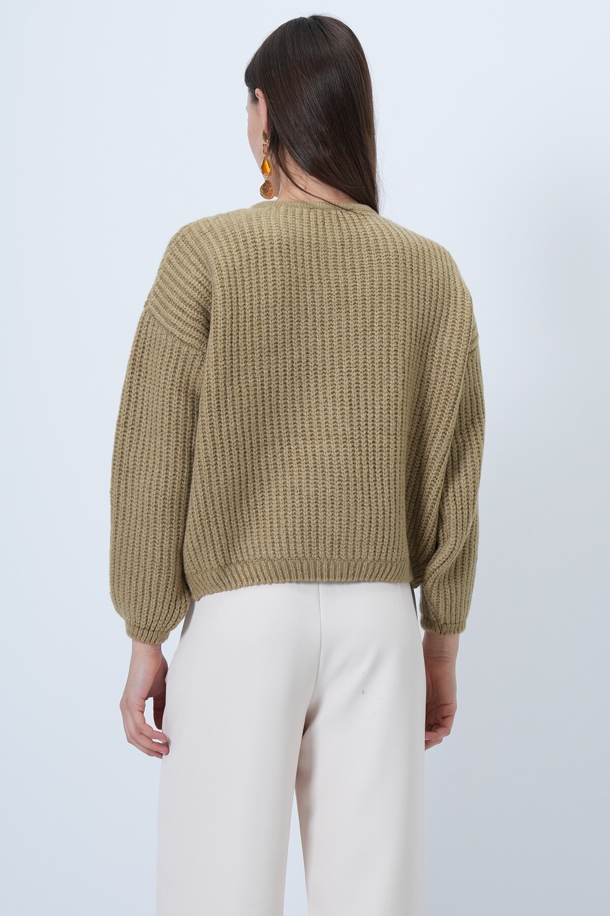 Düğmeli Bisiklet Yaka Fitilli Triko Hırka