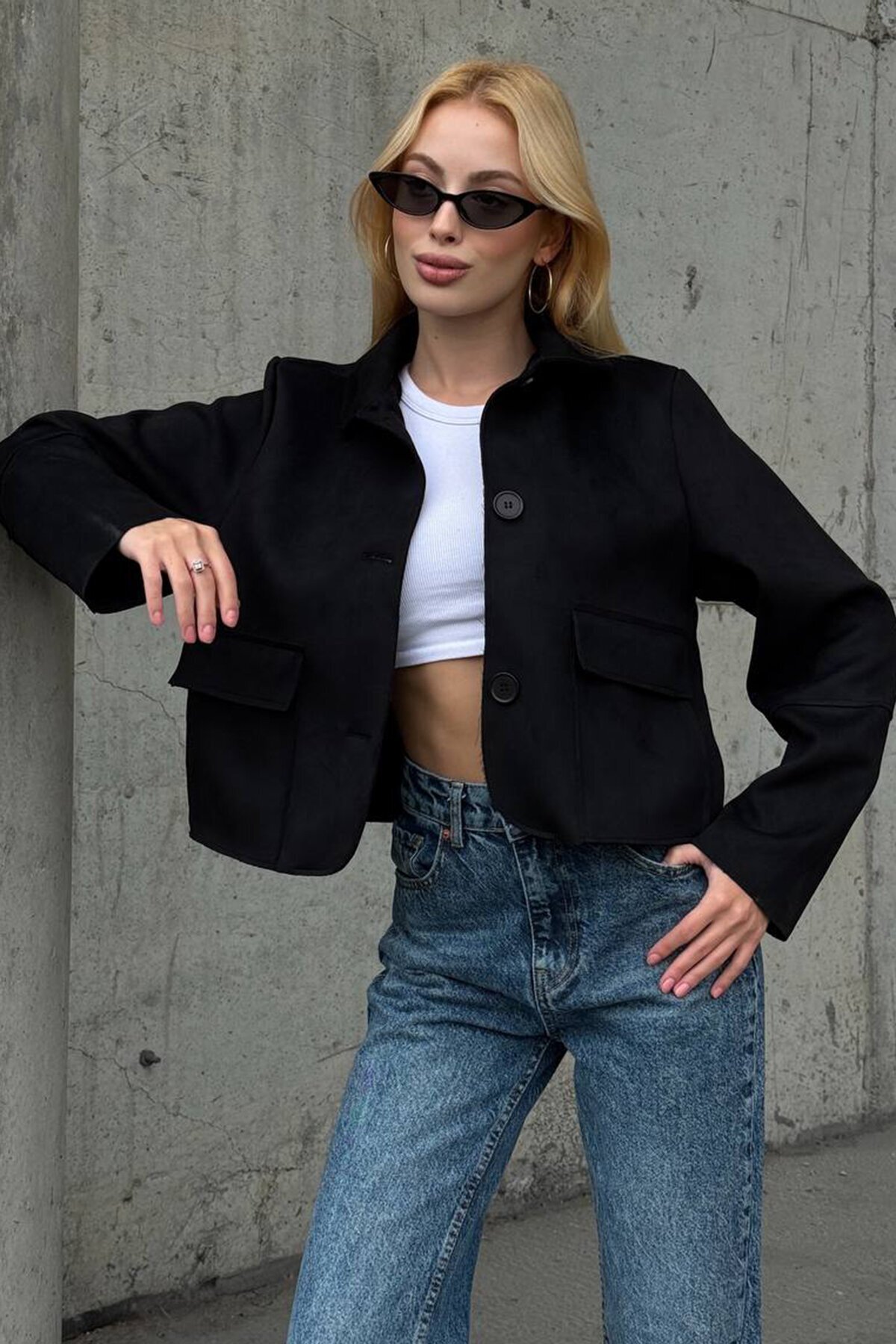 Düğmeli Cep Detaylı Süet Ceket