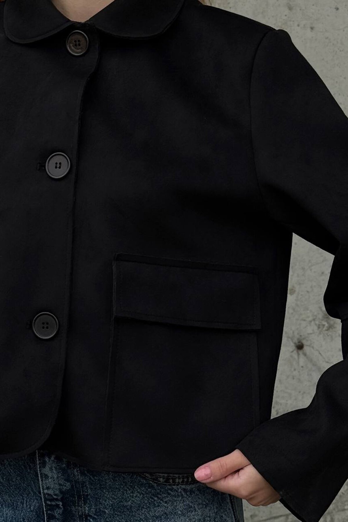 Düğmeli Cep Detaylı Süet Ceket