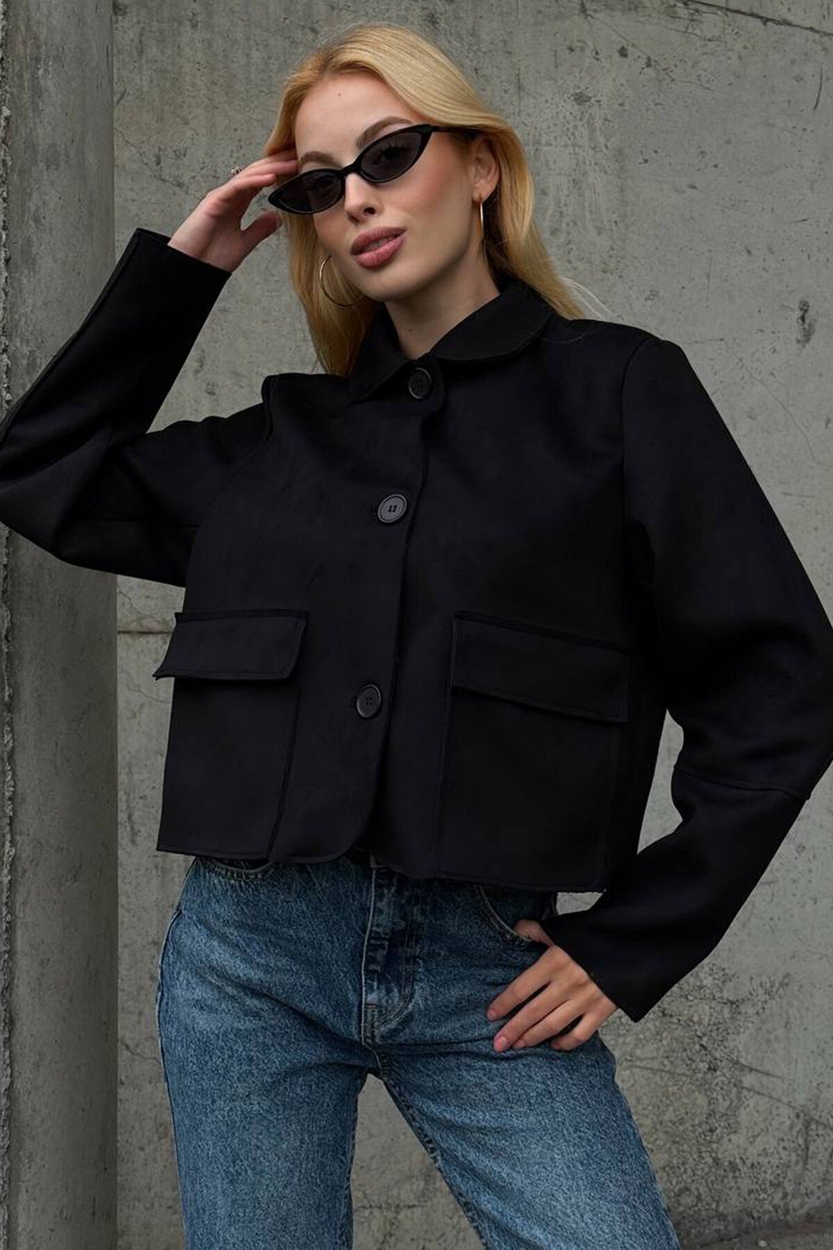 Düğmeli Cep Detaylı Süet Ceket