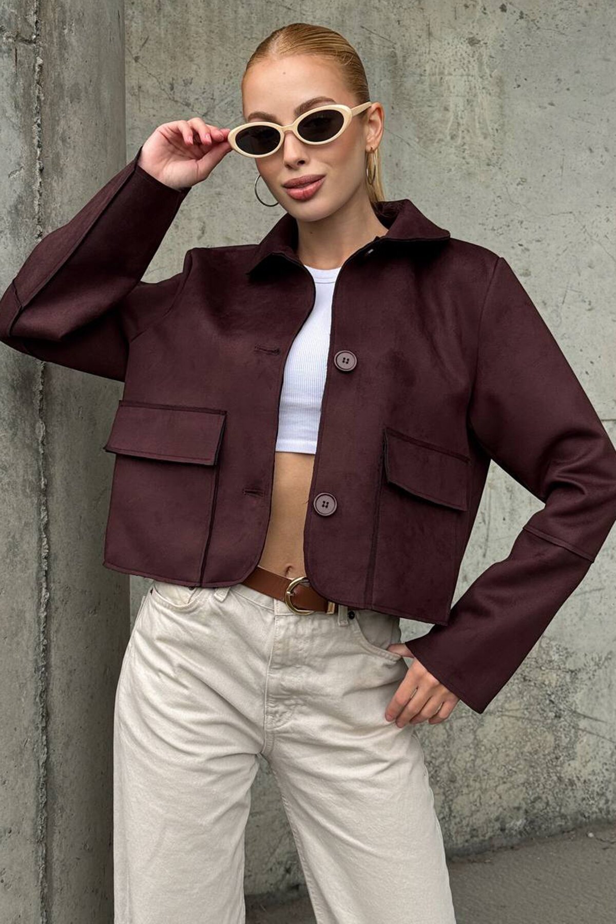 Düğmeli Cep Detaylı Süet Ceket