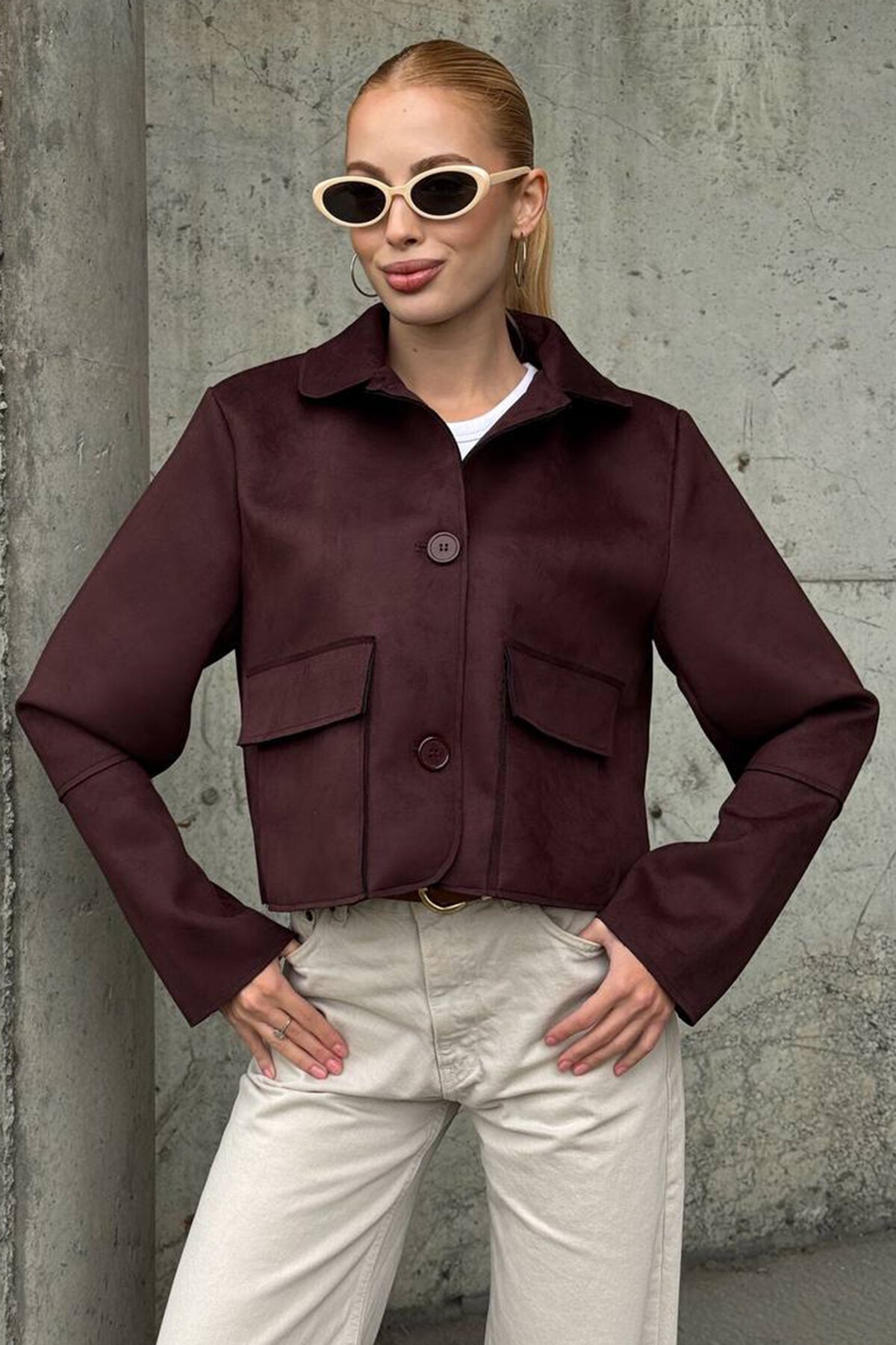 Düğmeli Cep Detaylı Süet Ceket