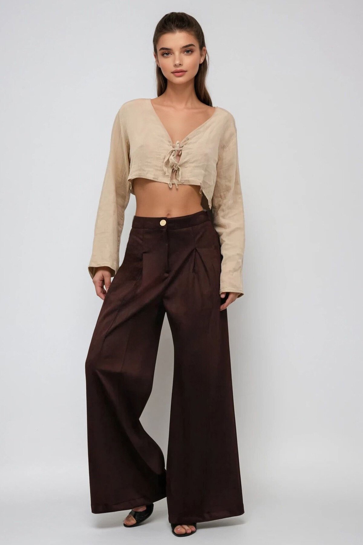Düğmeli Pileli Palazzo Pantolon