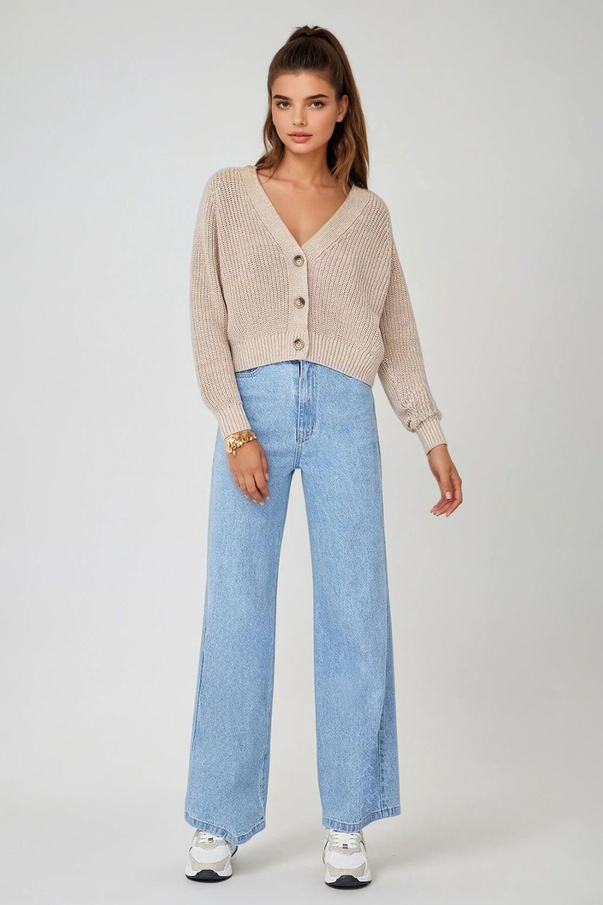 Düğmeli V Yaka Fitilli Triko Hırka