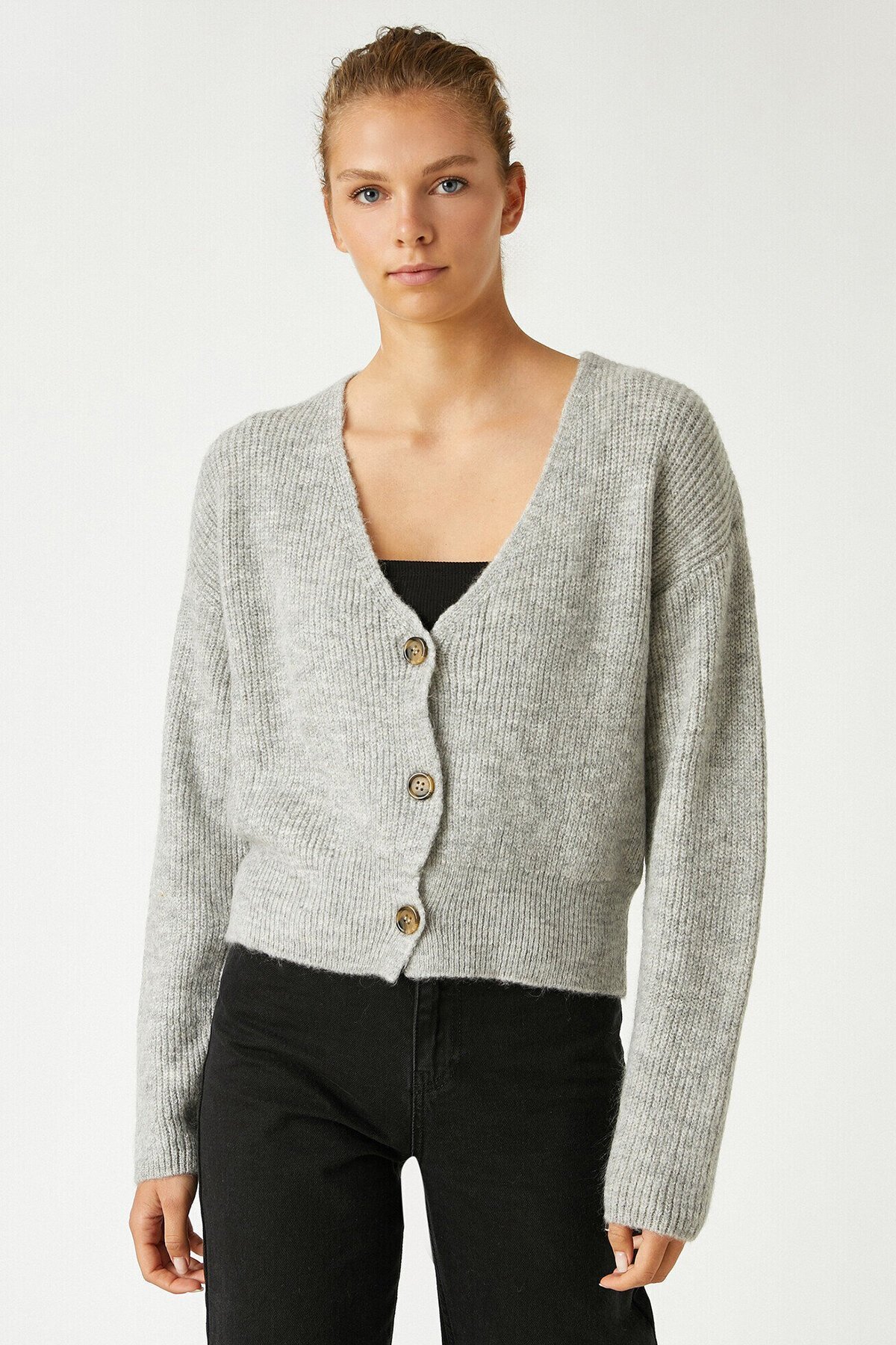 Düğmeli V Yaka Triko Hırka