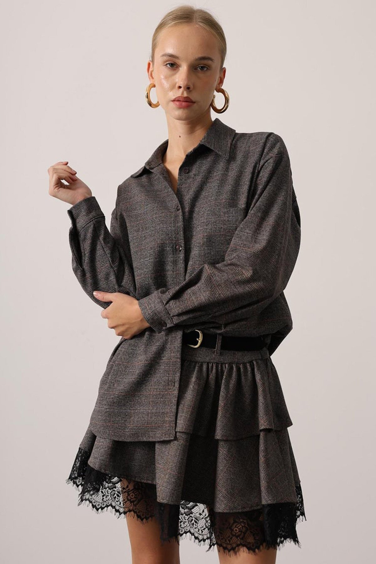 Ekose Desenli Düşük Omuz Oversize Gömlek