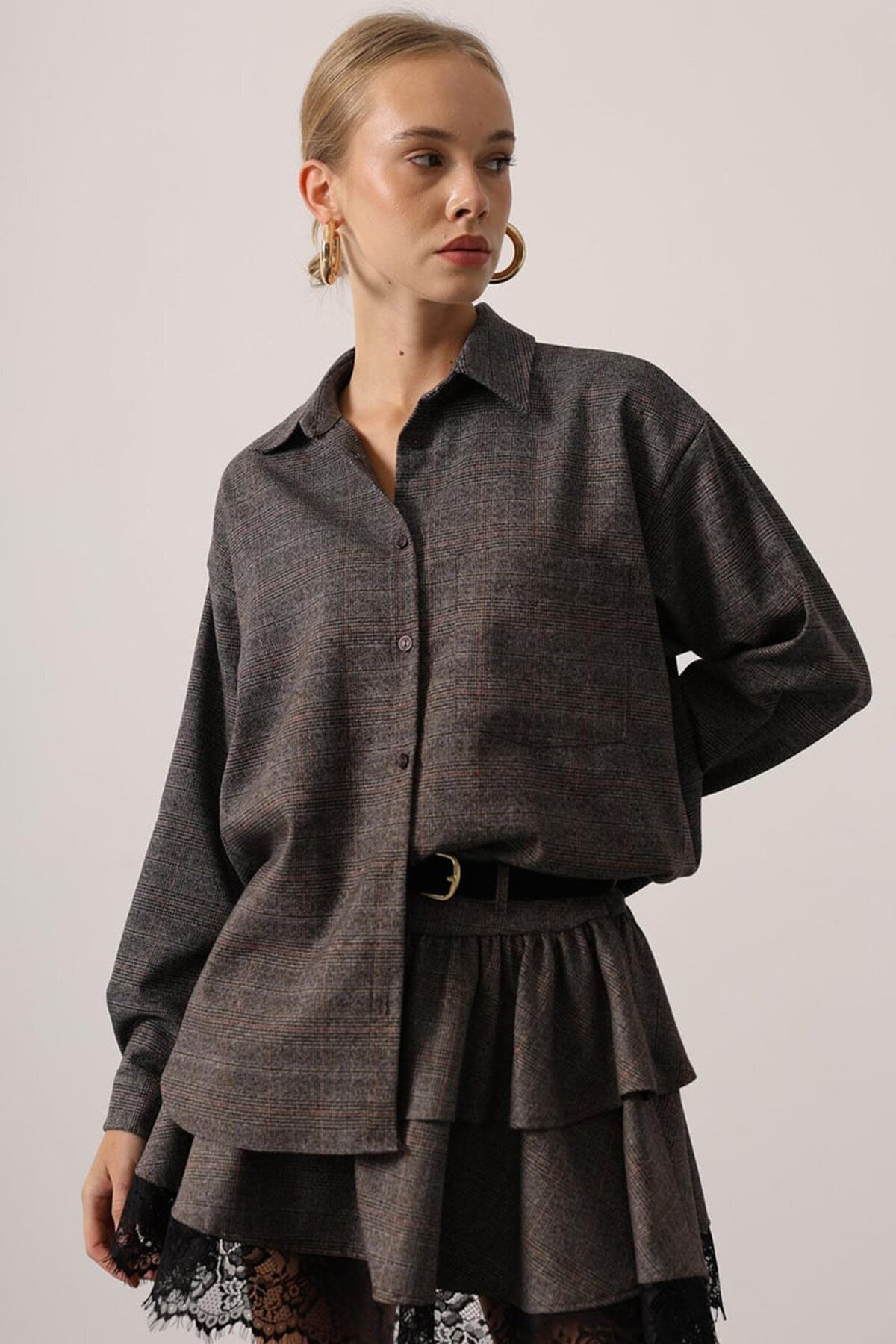 Ekose Desenli Düşük Omuz Oversize Gömlek