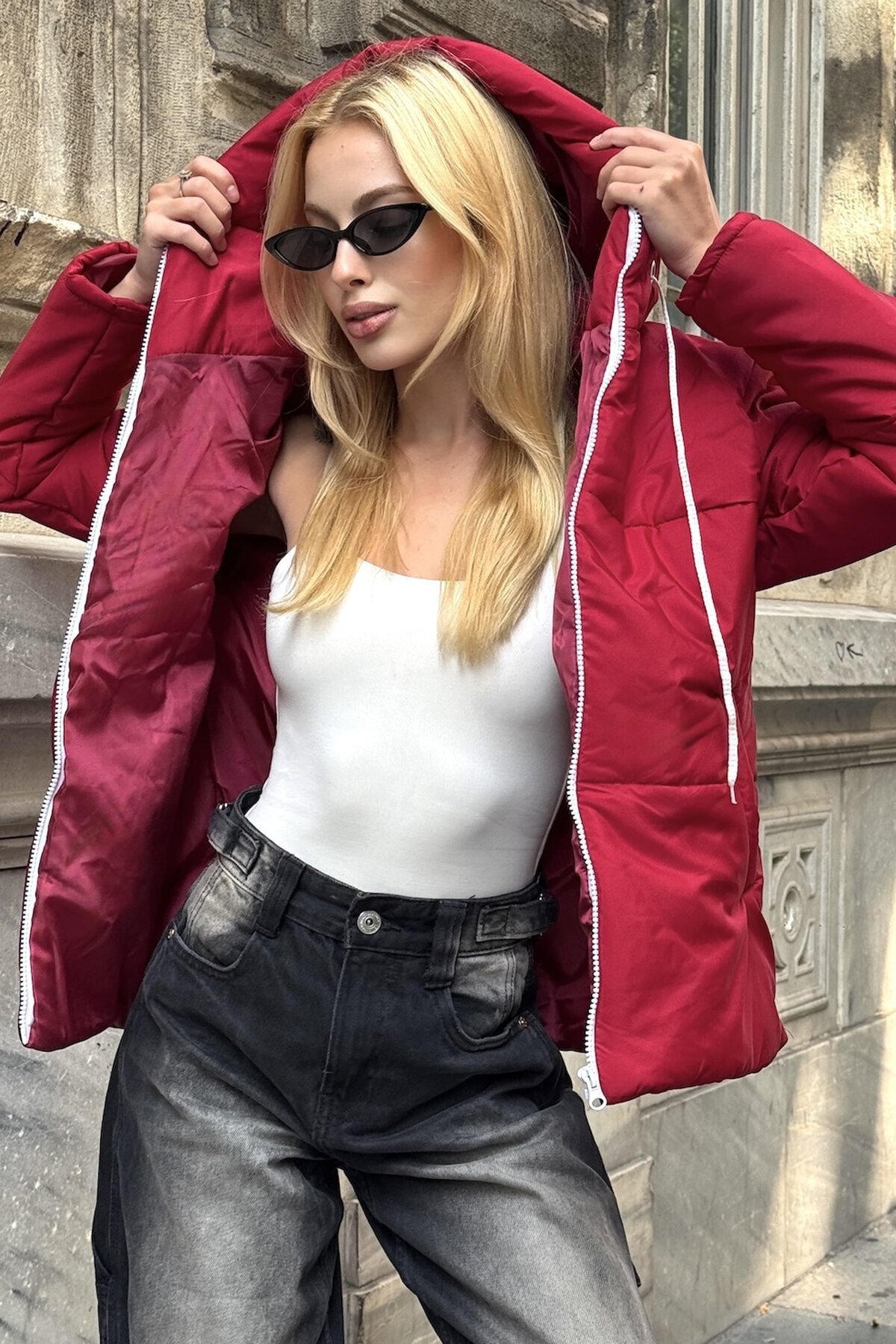 Fuşya Fermuarlı Kapüşonlu Ççift Cepli Şişme Astarlı Mont