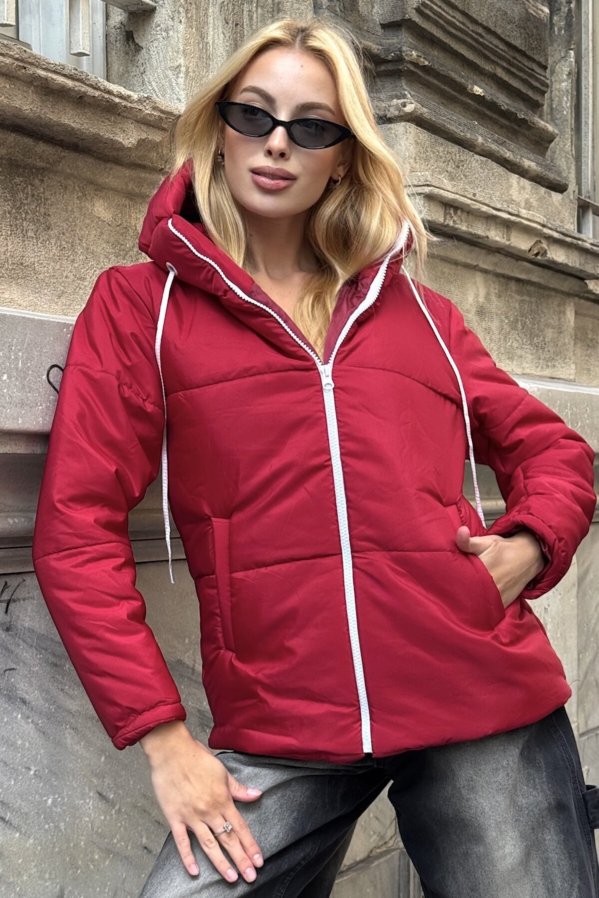 Fuşya Fermuarlı Kapüşonlu Ççift Cepli Şişme Astarlı Mont