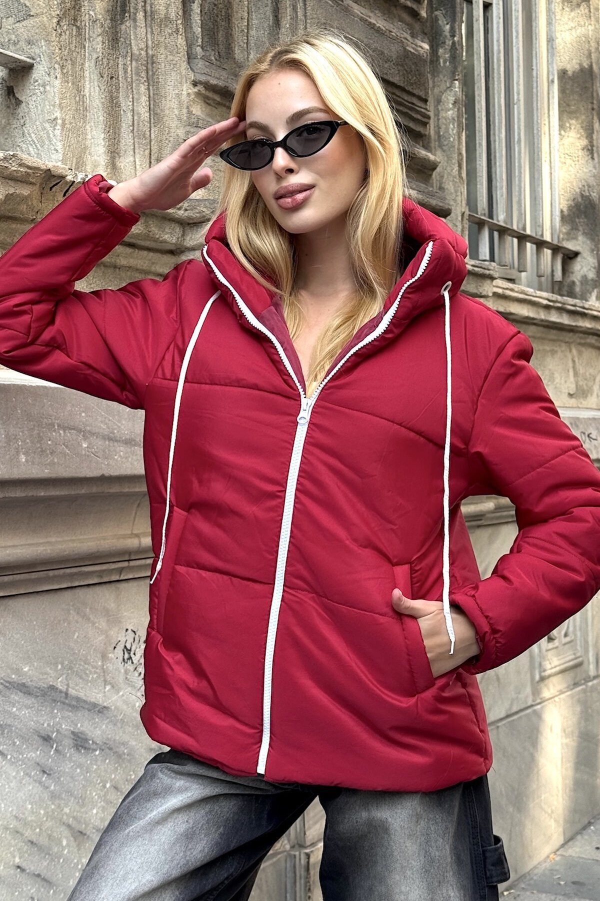 Fuşya Fermuarlı Kapüşonlu Ççift Cepli Şişme Astarlı Mont