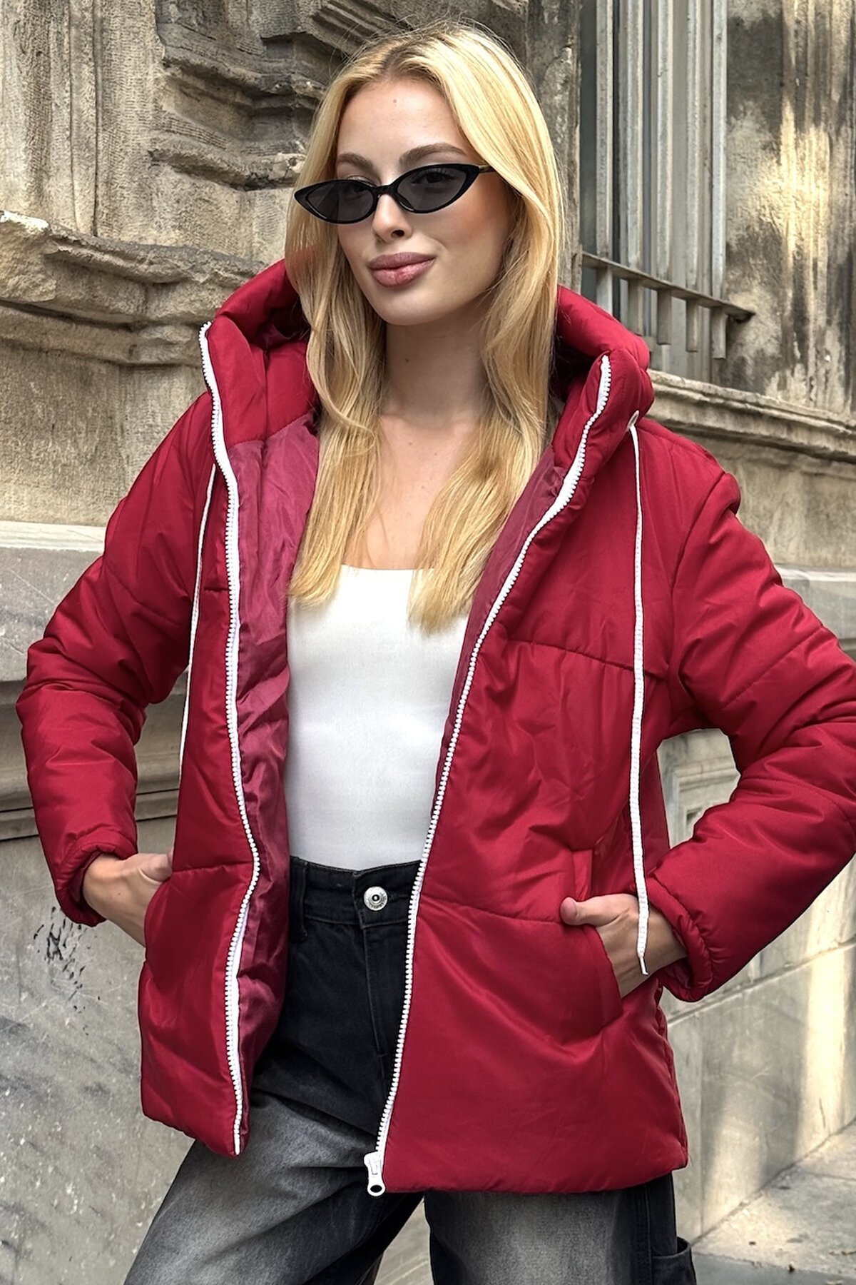 Fuşya Fermuarlı Kapüşonlu Ççift Cepli Şişme Astarlı Mont