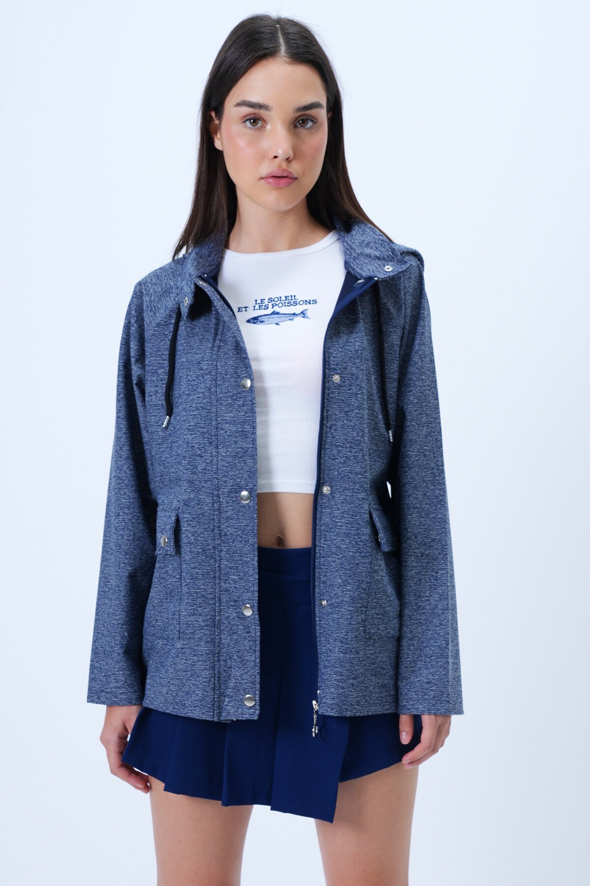 Fermuarve Çıtçıt Kapamalı Kapüşonlu Çift Cepli Ceket