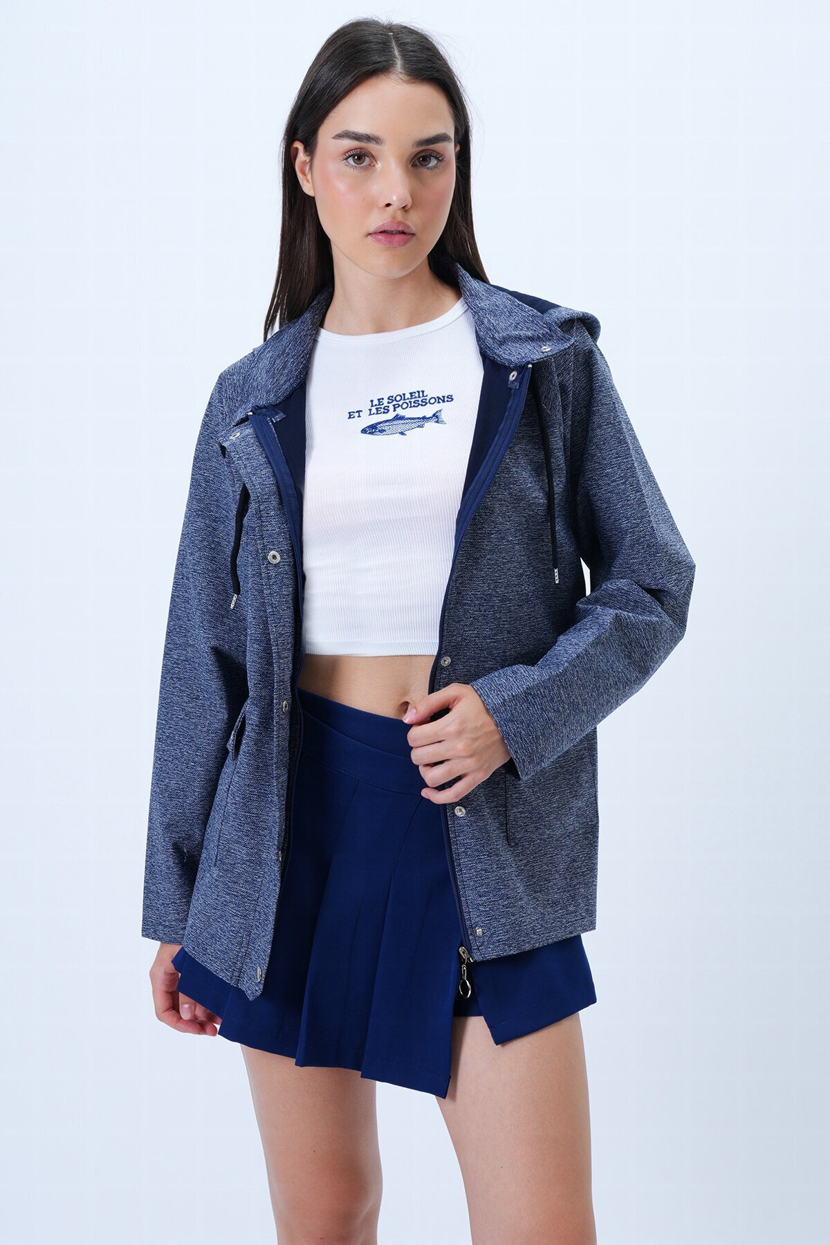 Fermuarve Çıtçıt Kapamalı Kapüşonlu Çift Cepli Ceket