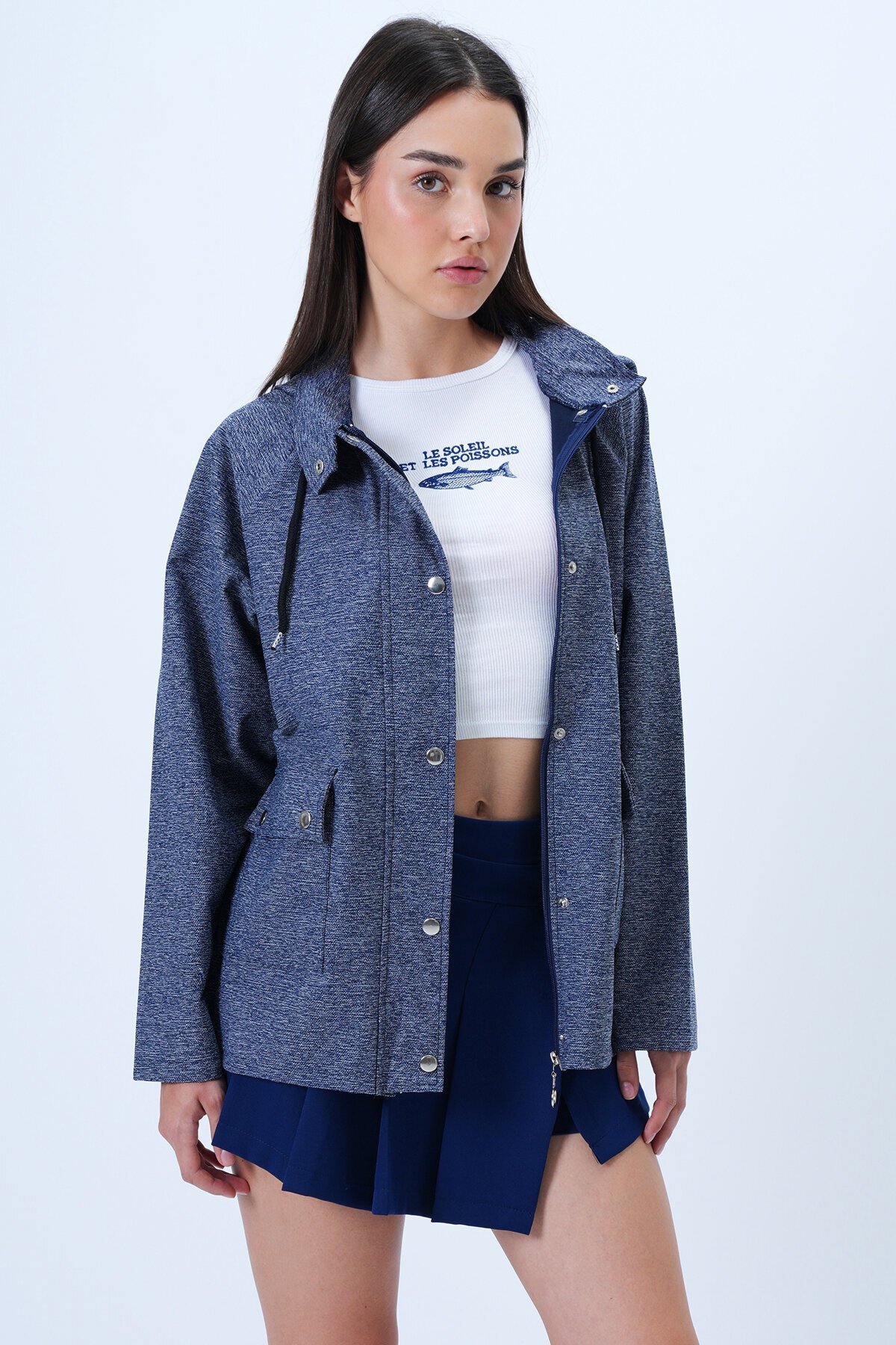 Fermuarve Çıtçıt Kapamalı Kapüşonlu Çift Cepli Ceket