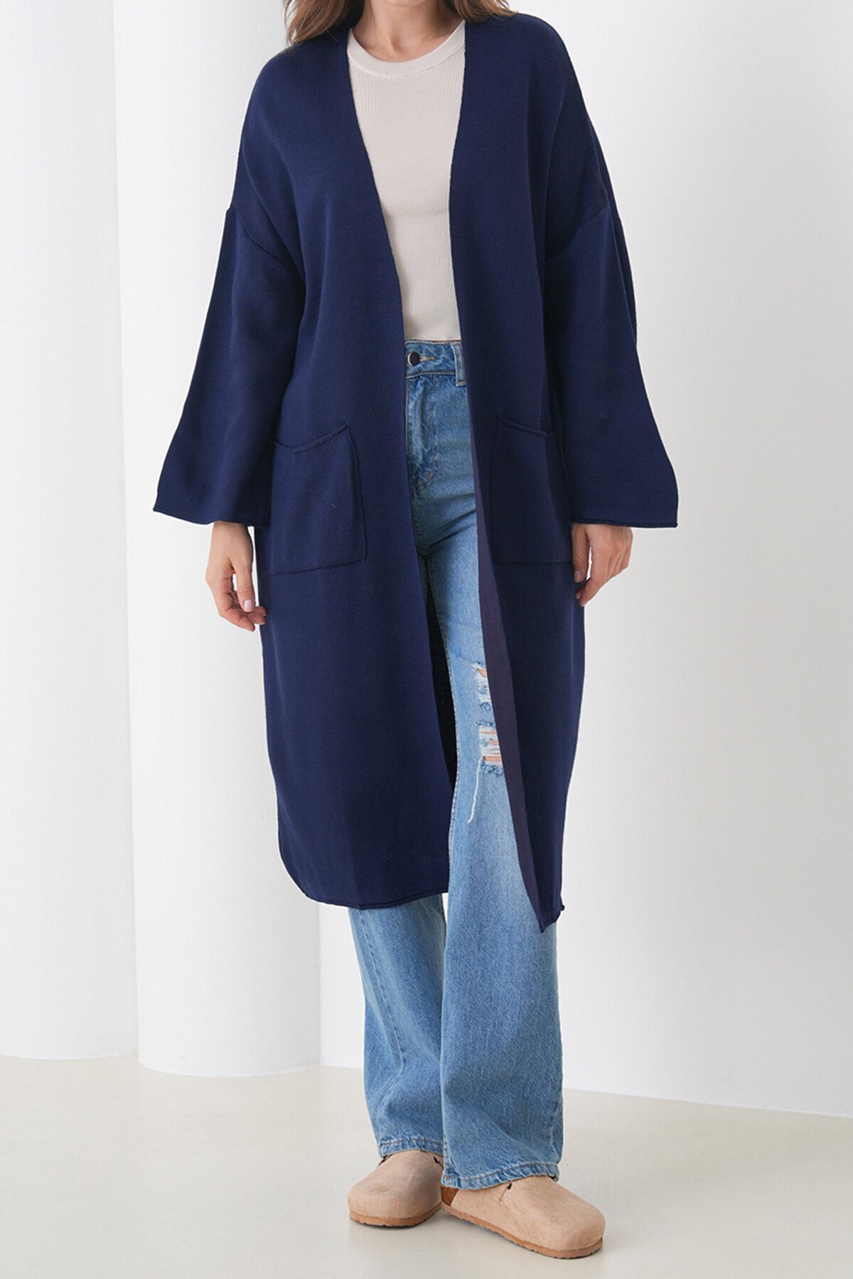 Geniş Kol Çift Cepli Uzun Triko Hırka