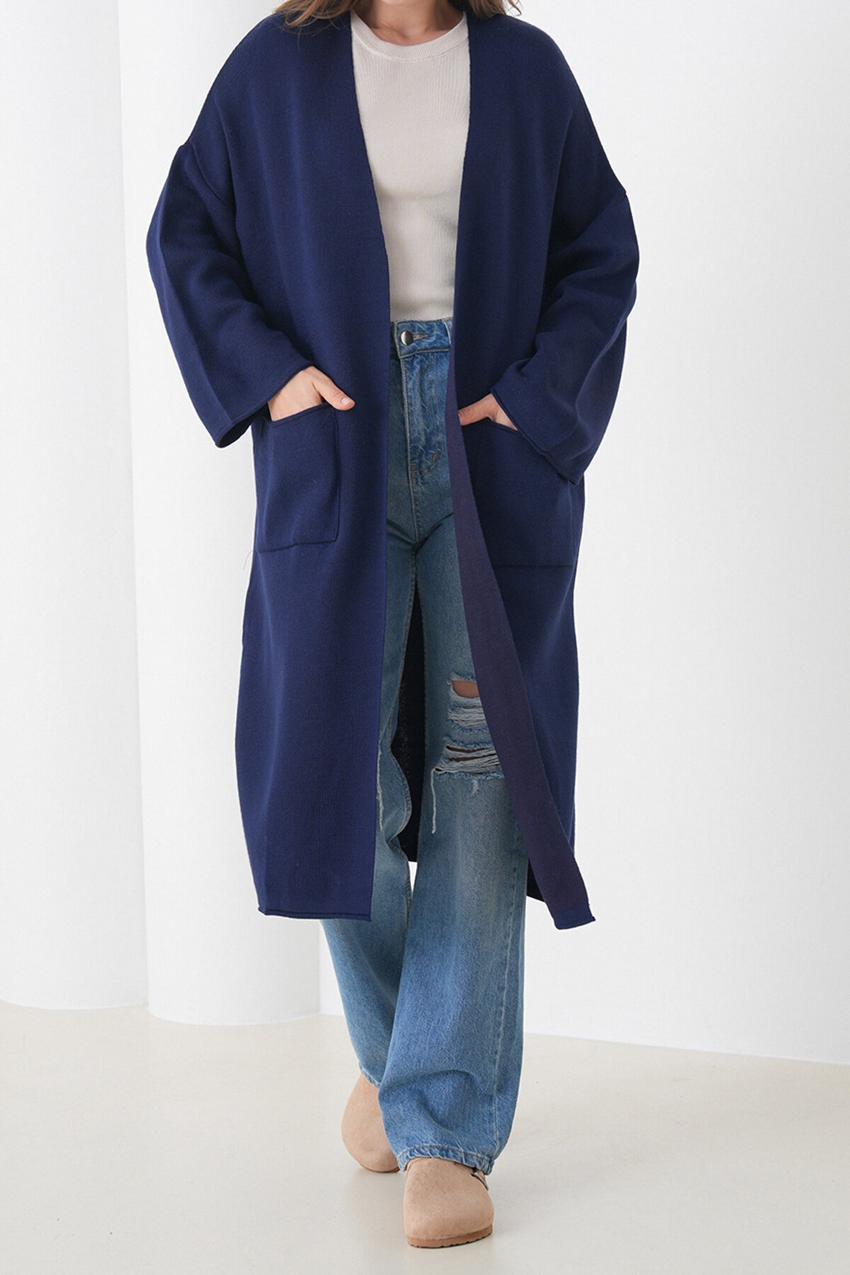 Geniş Kol Çift Cepli Uzun Triko Hırka