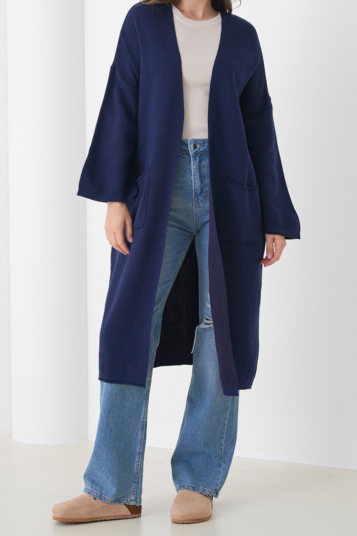 Geniş Kol Çift Cepli Uzun Triko Hırka